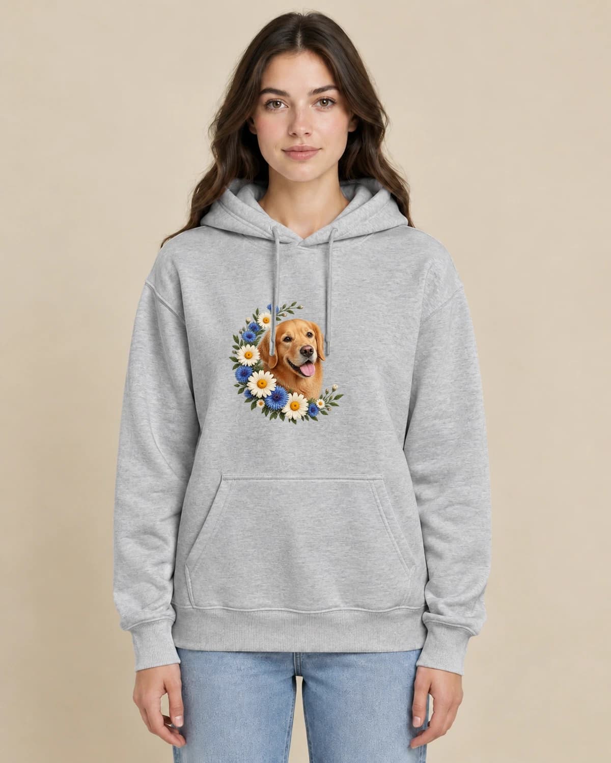 Watercolor-Style Photo Hoodies, illustrated on a woman wearing the classic unisex pullover