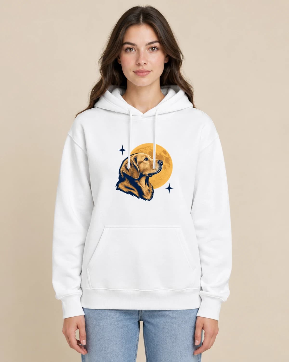 Custom Portrait Hoodies From Photos, illustrated on a woman wearing the classic unisex pullover