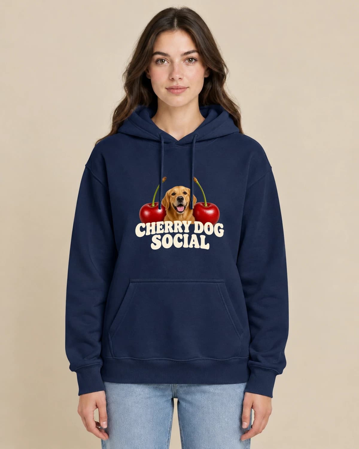 Cherry Dog Social on a woman wearing the classic unisex pullover; illustrative styling