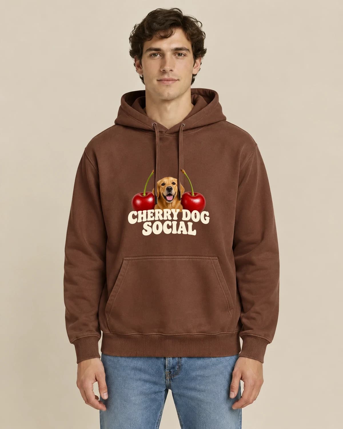 Personalized Dog Mom Hoodies: Cherry Dog Social hoodie design; Brown styling
