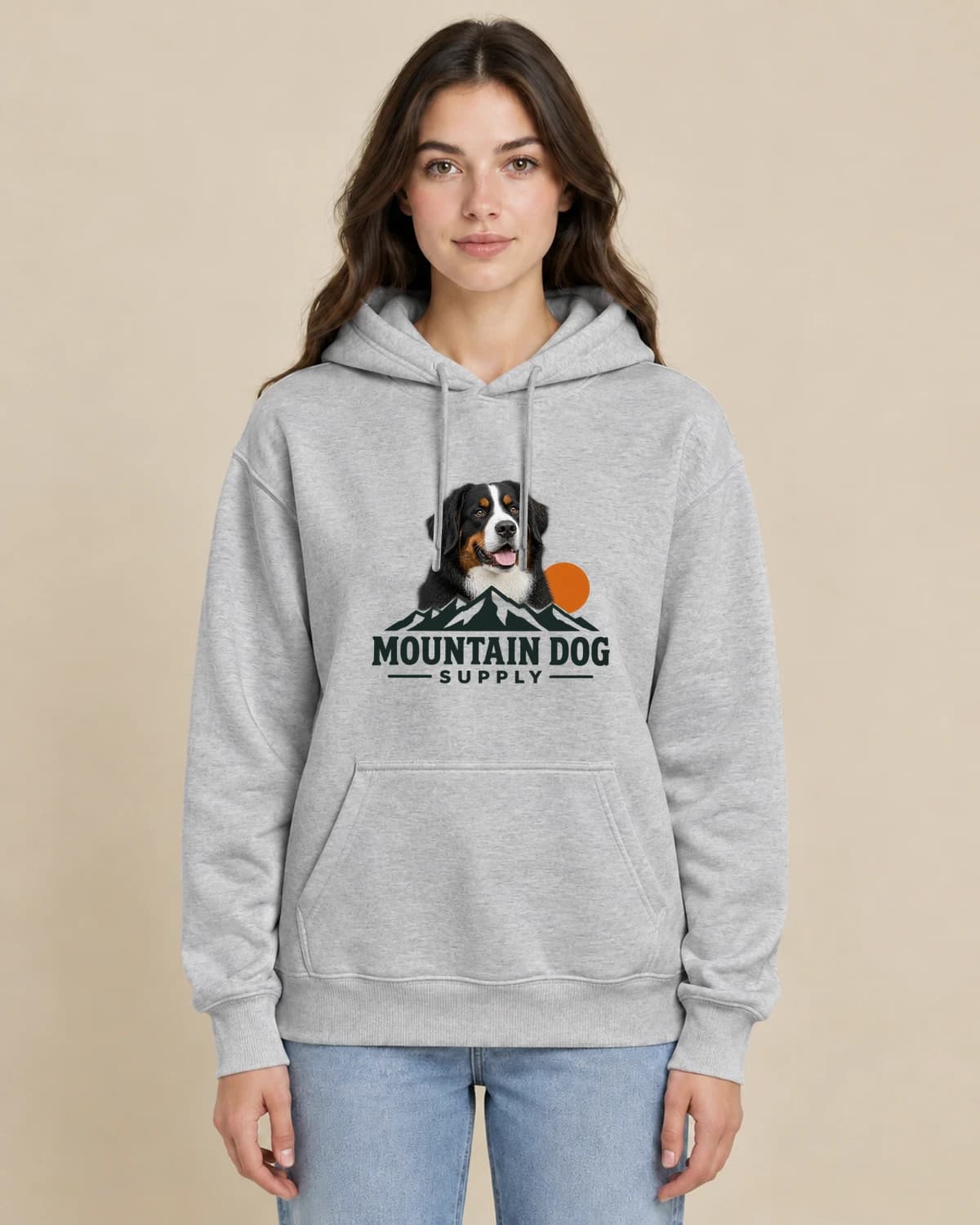 Mountain Dog Supply on a woman wearing the classic unisex pullover; illustrative styling