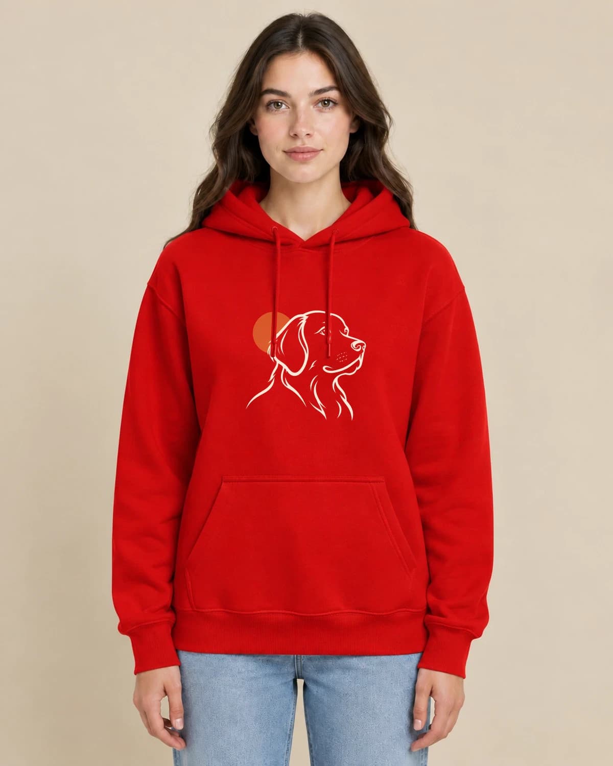 Custom line art hoodie from photos, illustrated on a woman wearing the classic unisex pullover