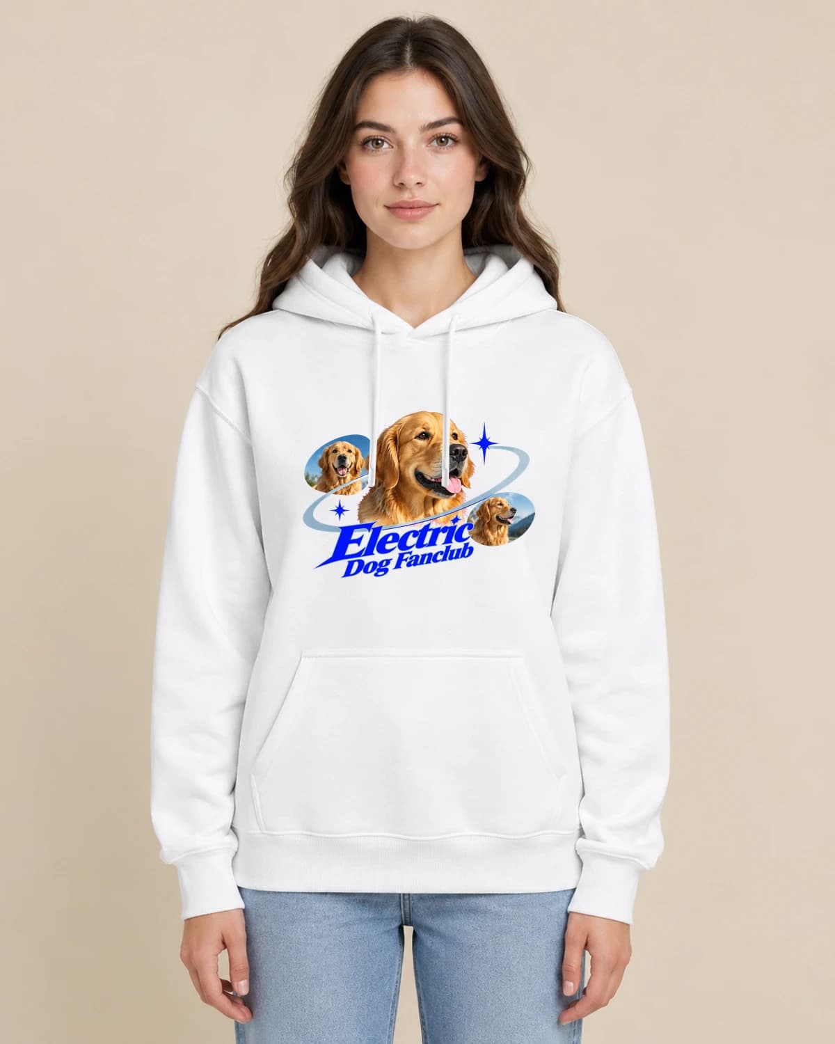 Electric Dog Fanclub on a woman wearing the classic unisex pullover; illustrative styling