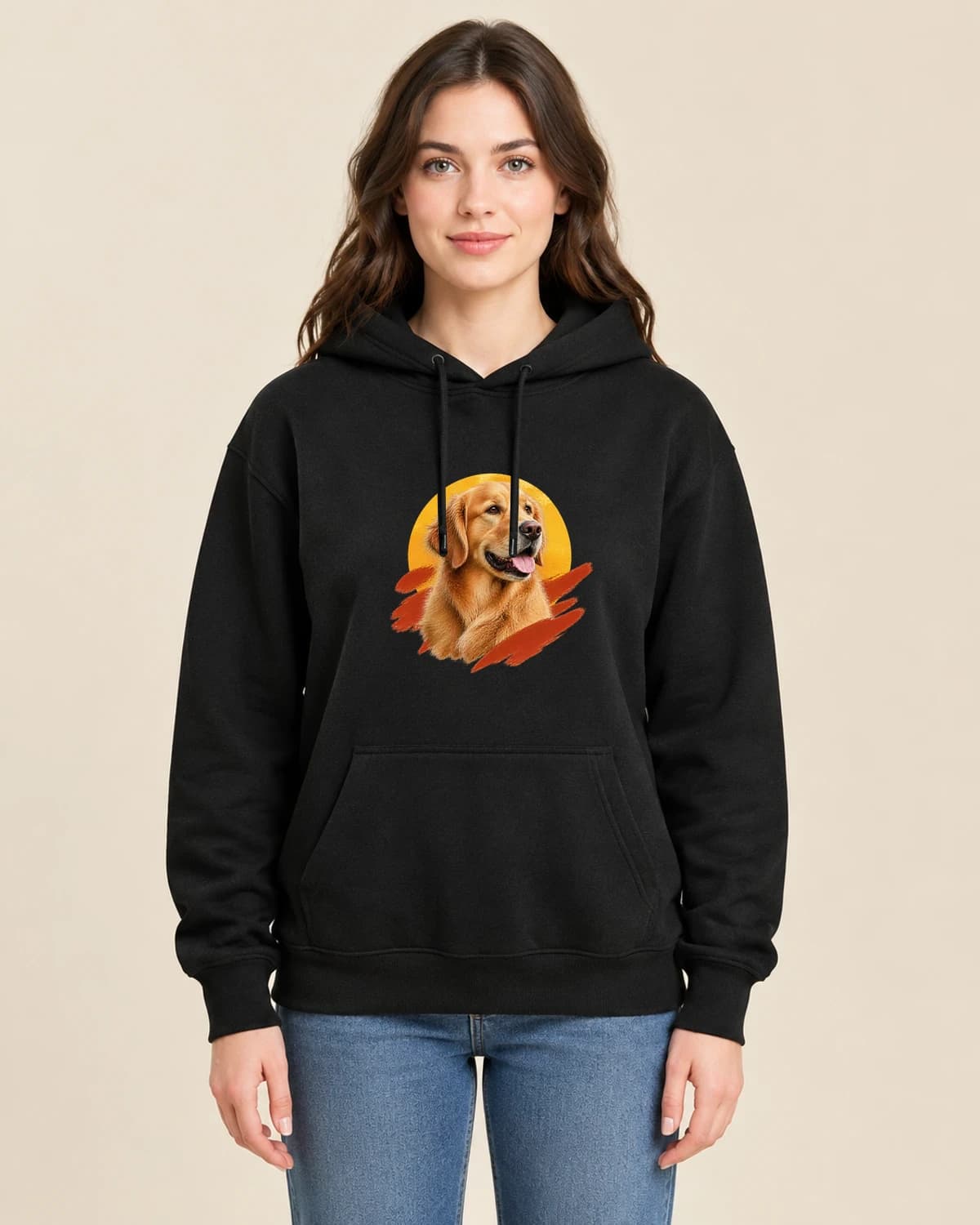 Golden Hour Retriever on a woman wearing the classic unisex pullover; illustrative styling