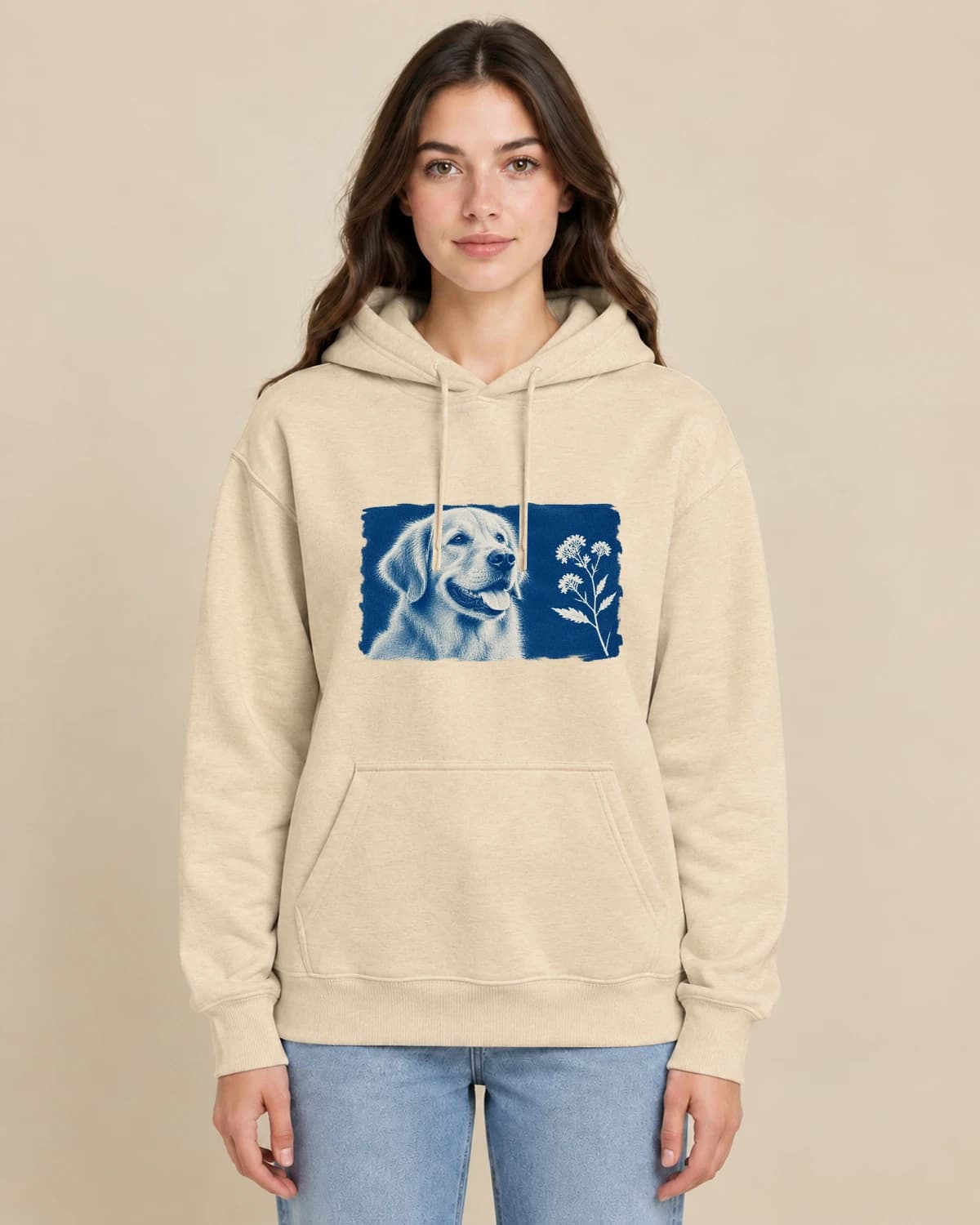 Dog Sunprint on a woman wearing the classic unisex pullover; illustrative styling