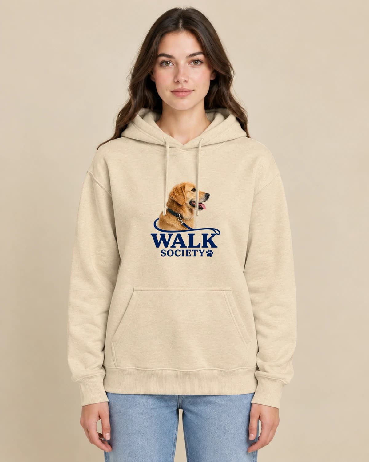 Dog Walk Society on a woman wearing the classic unisex pullover; illustrative styling