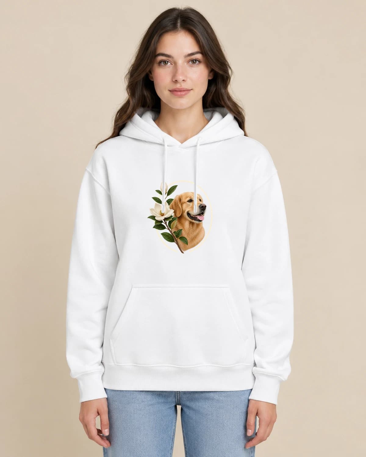 Botanical Dog Cameo on a woman wearing the classic unisex pullover; illustrative styling