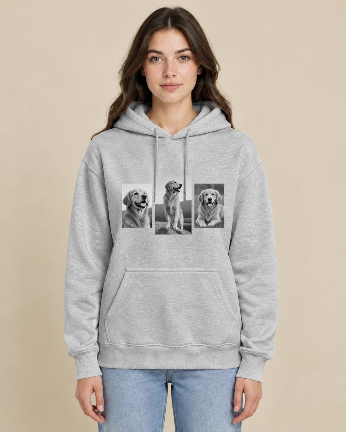 Monochrome Dog Triptych on a woman wearing the classic unisex pullover; illustrative styling