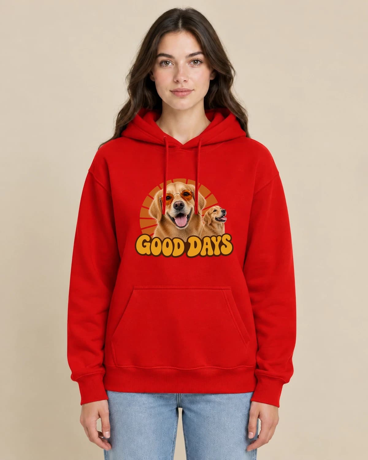 Dog Day Disco on a woman wearing the classic unisex pullover; illustrative styling