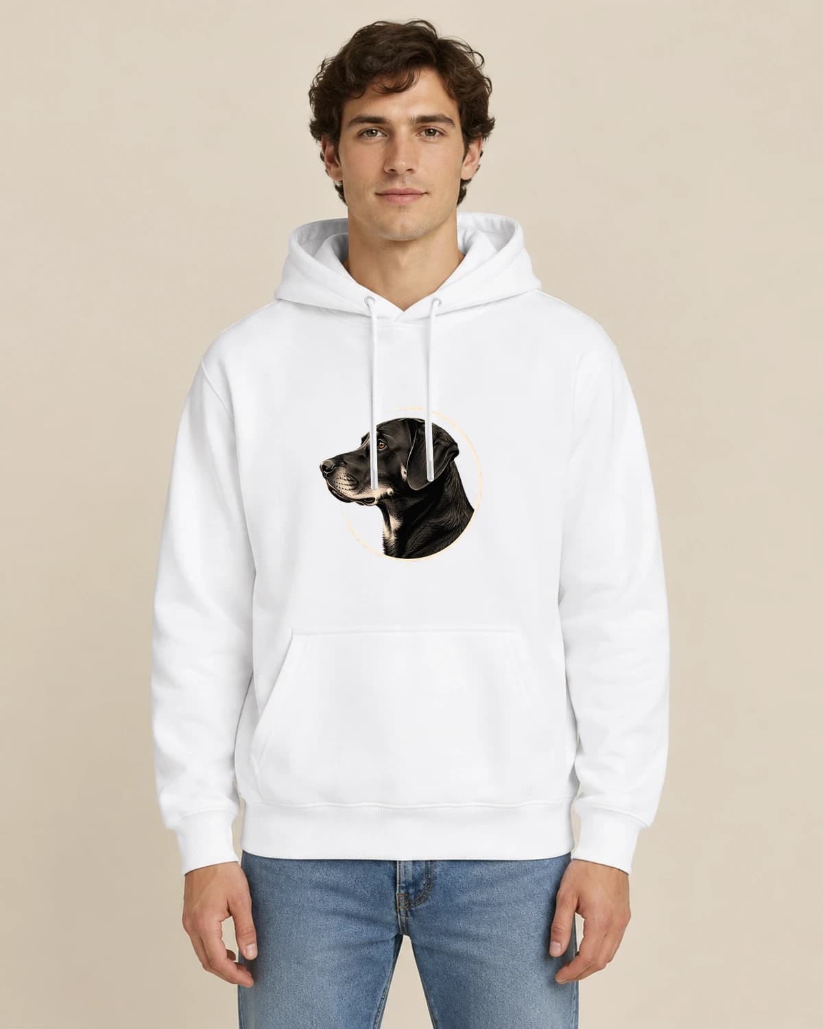 Quiet Dog Profile, men's styling of the same unisex hoodie