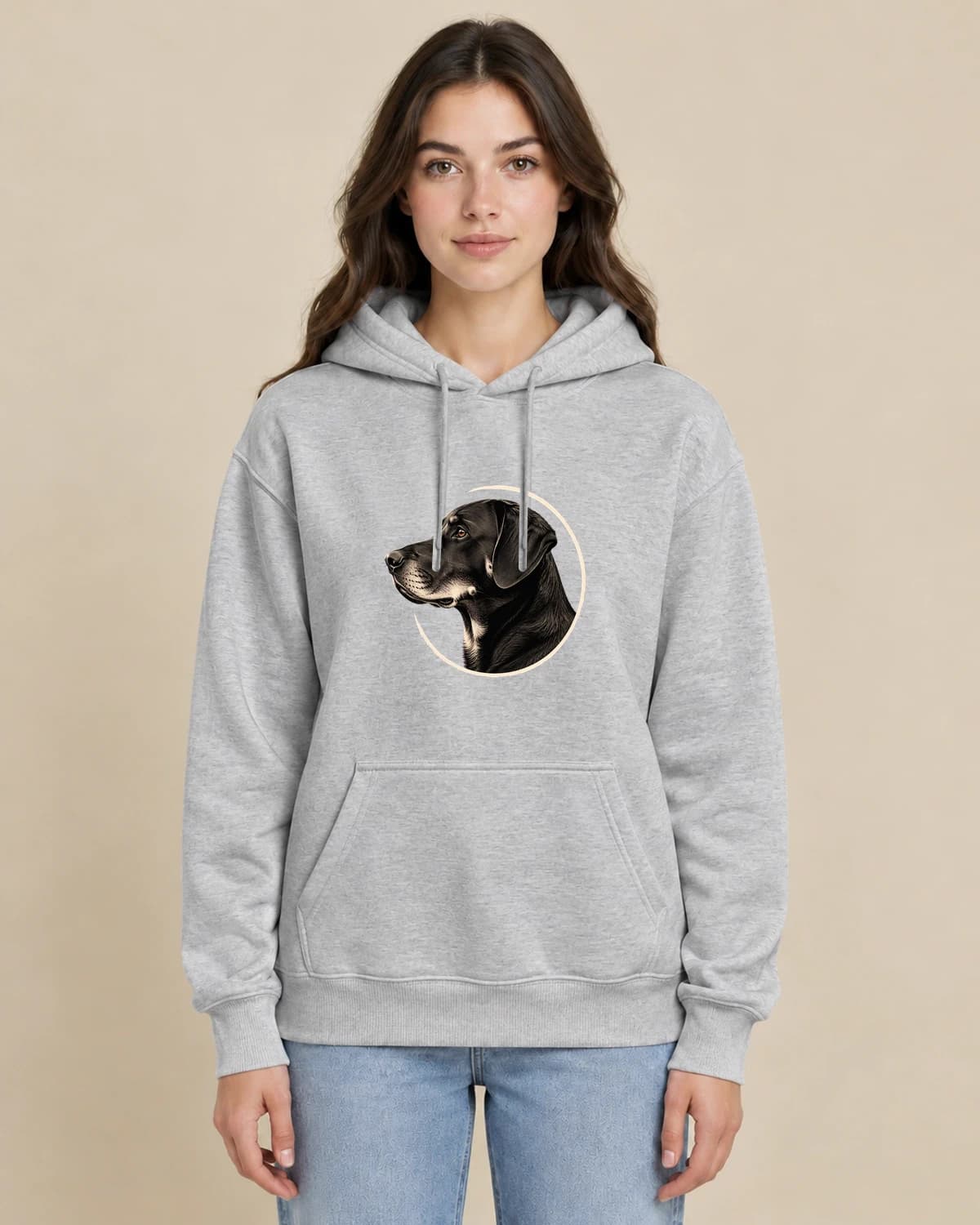Quiet Dog Profile on a woman wearing the classic unisex pullover; illustrative styling