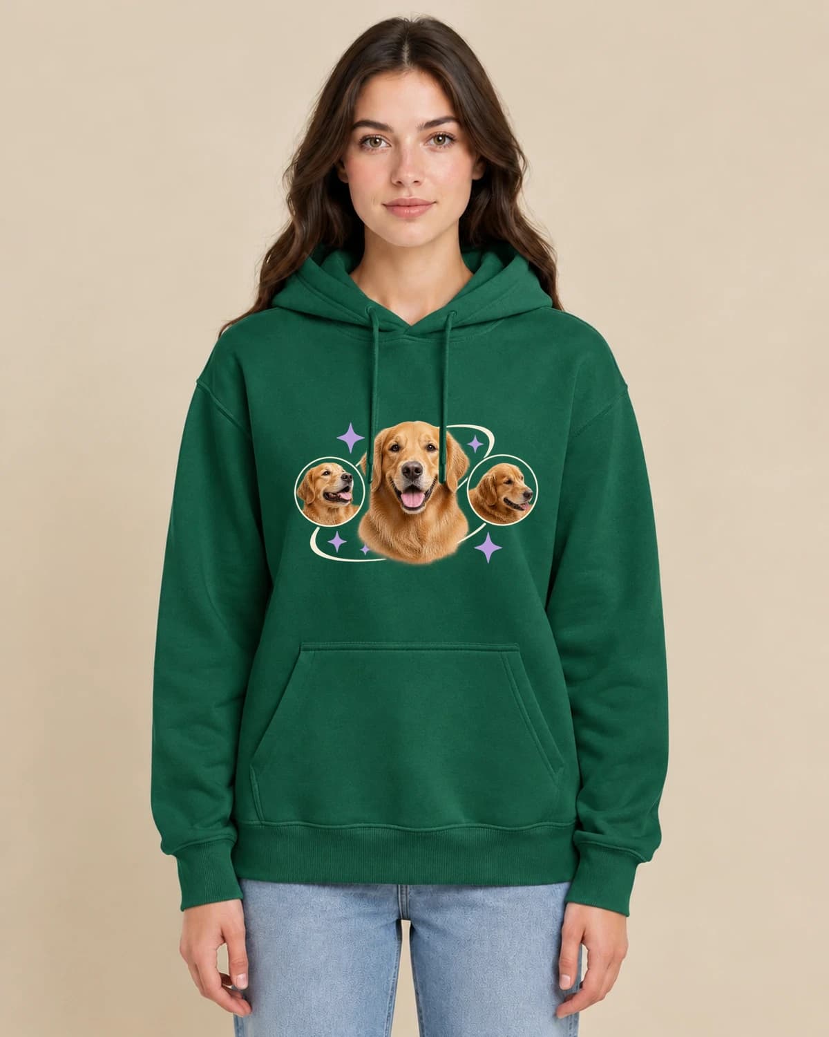 Cosmic Dog Keepsake on a woman wearing the classic unisex pullover; illustrative styling