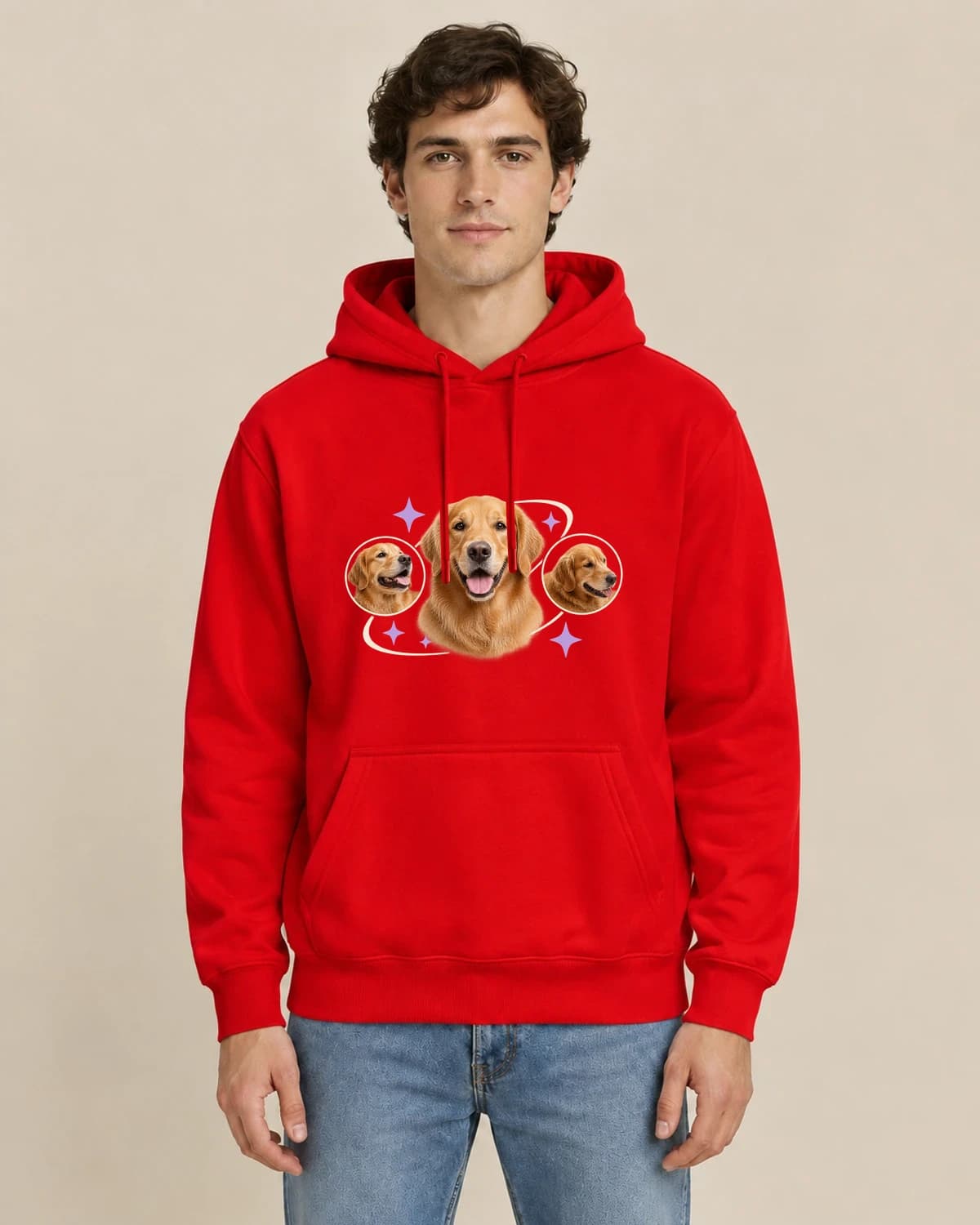 Cosmic Dog Keepsake, men's styling of the same unisex hoodie