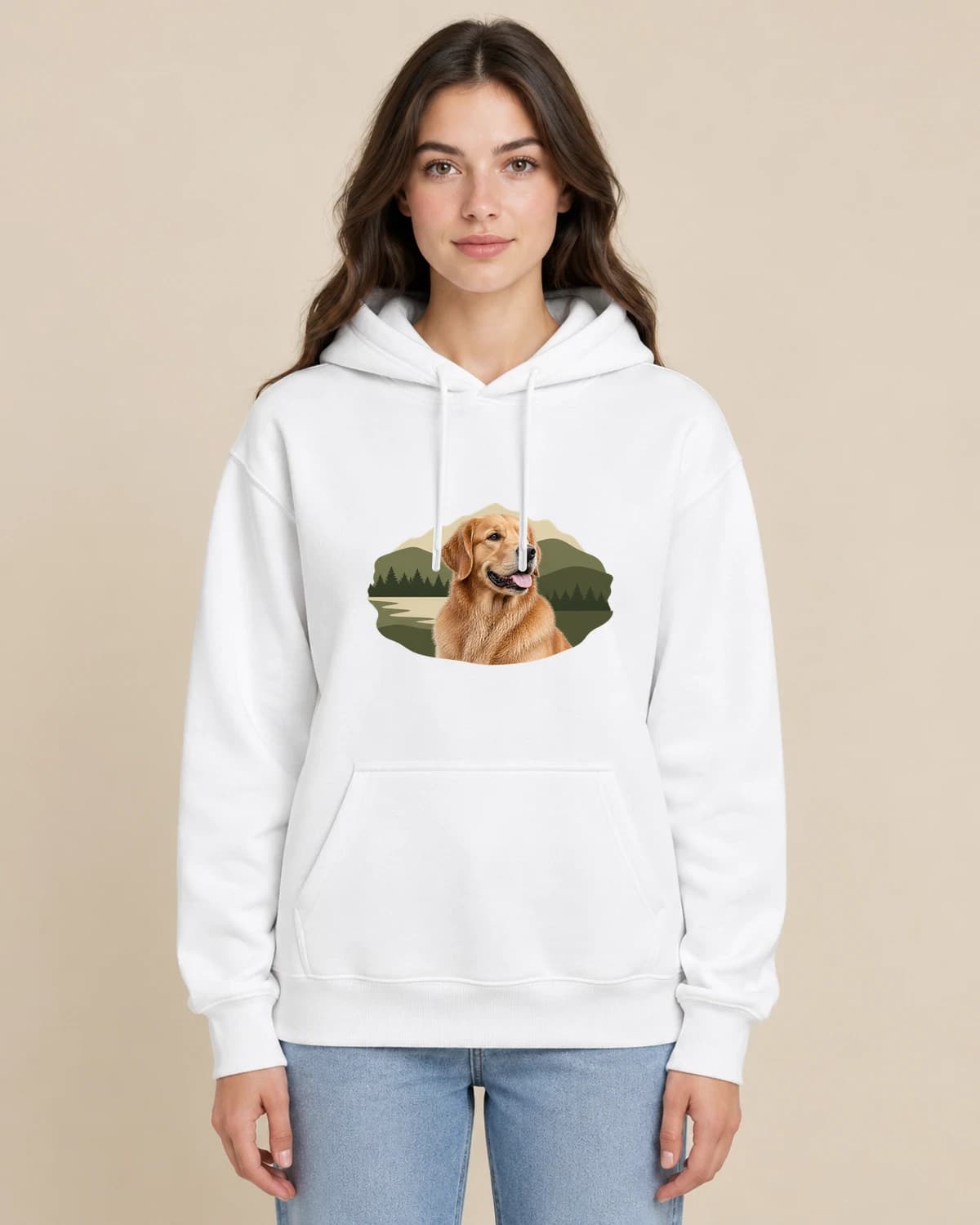 Dog Field Notes on a woman wearing the classic unisex pullover; illustrative styling