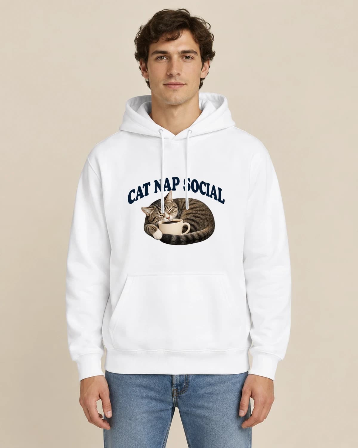 Cat Nap Social, men's styling of the same unisex hoodie