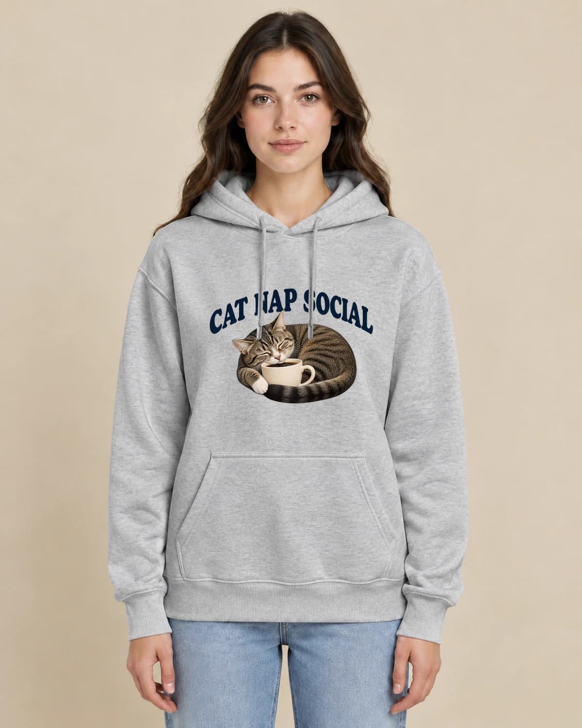 Cat Nap Social on a woman wearing the classic unisex pullover; illustrative styling