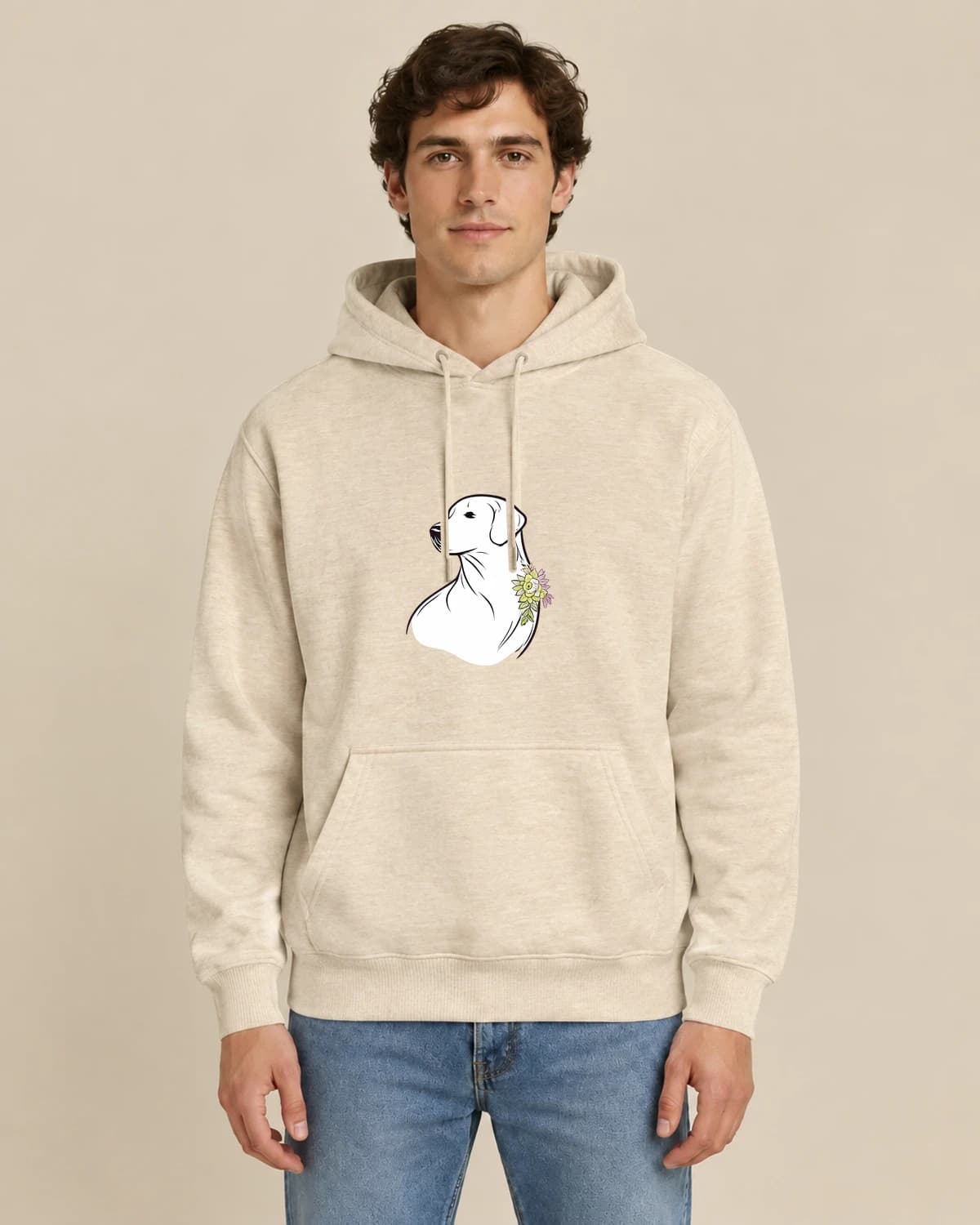 Dog Daisy Outline, men's styling of the same unisex hoodie
