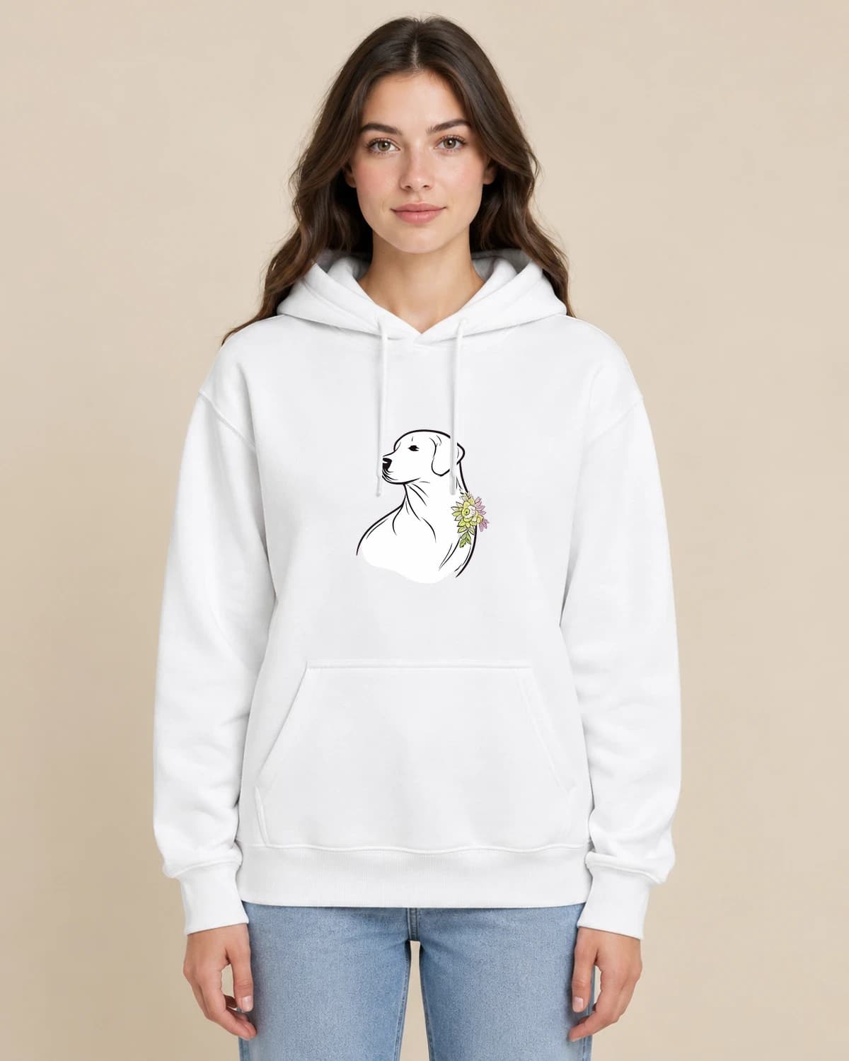 Dog Daisy Outline on a woman wearing the classic unisex pullover; illustrative styling