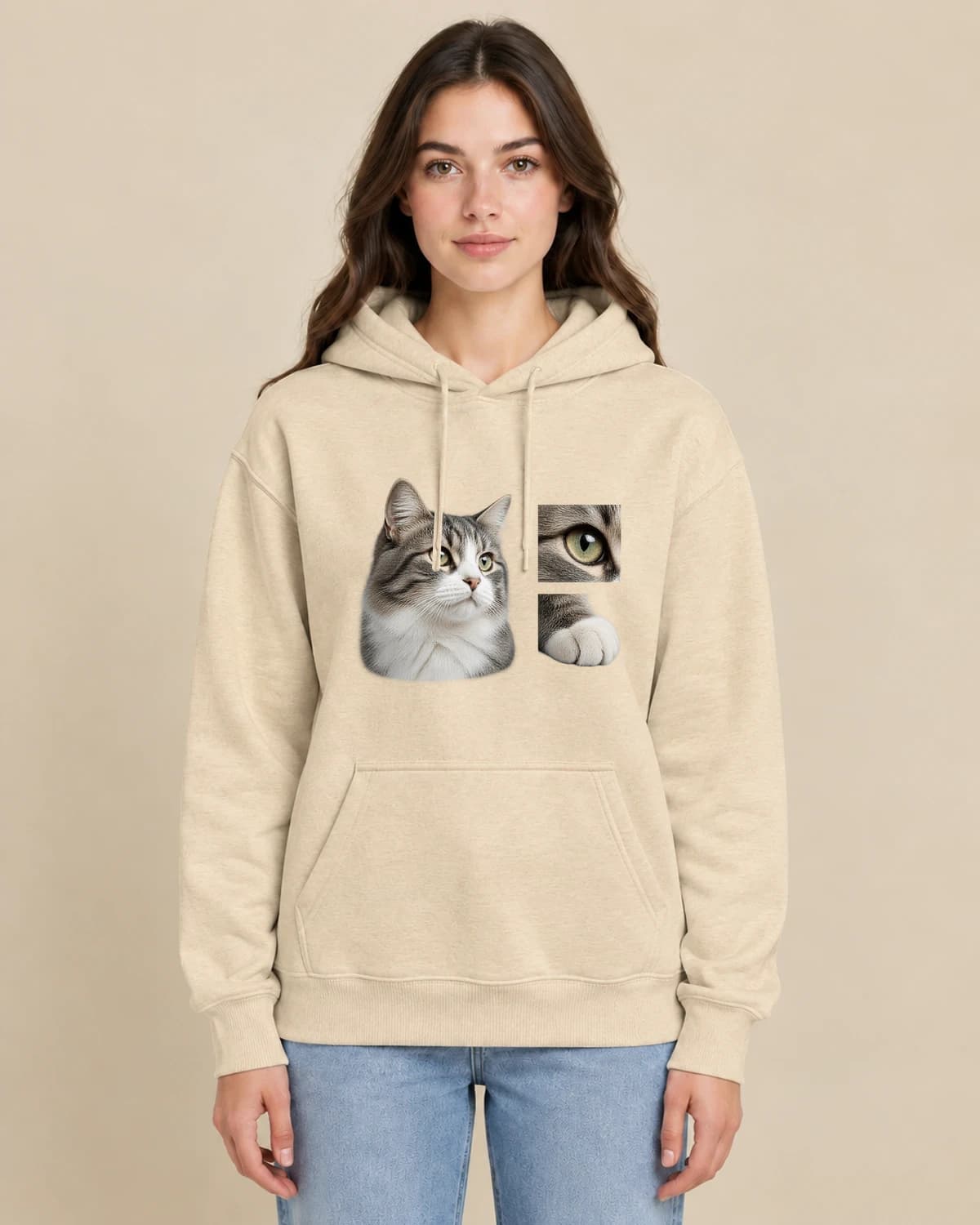 Cat Portrait Index on a woman wearing the classic unisex pullover; illustrative styling