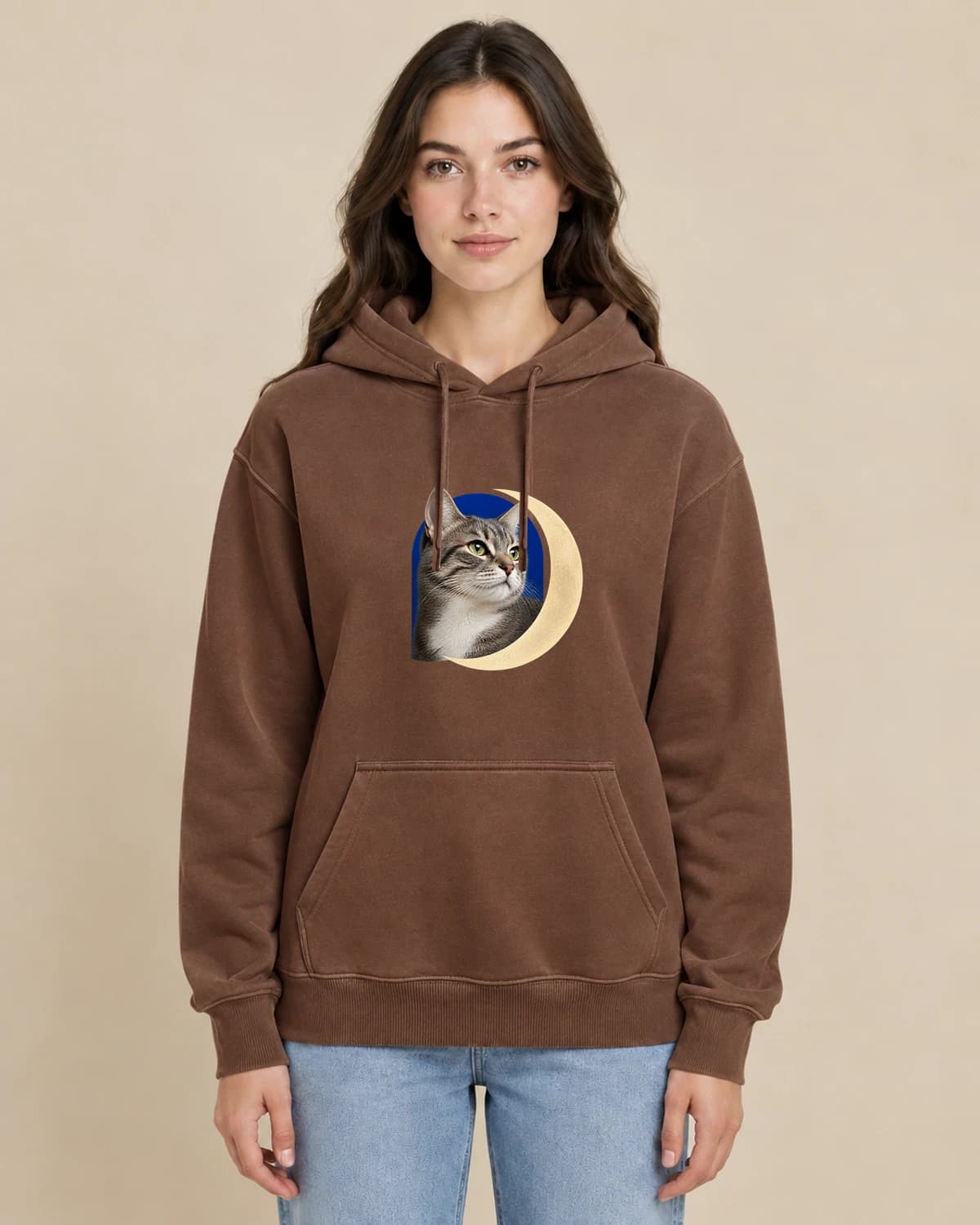 Moonlit Cat Window on a woman wearing the classic unisex pullover; illustrative styling