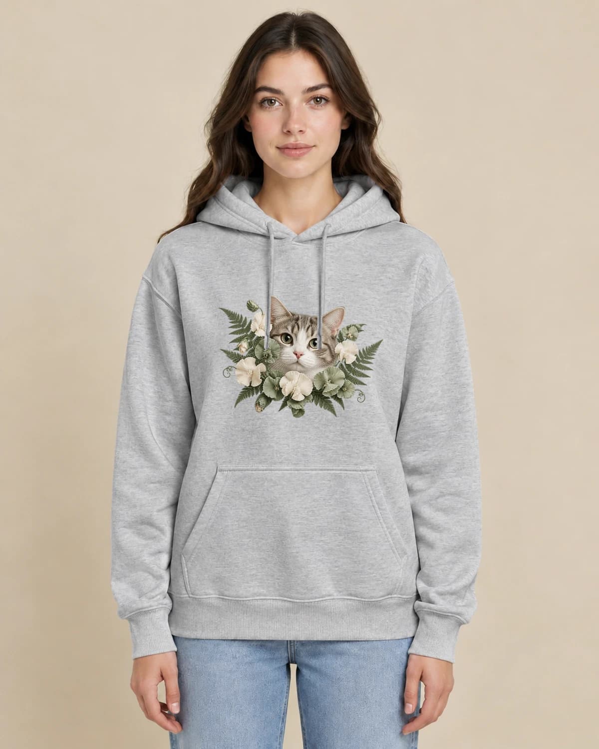 Garden Cat Reverie on a woman wearing the classic unisex pullover; illustrative styling