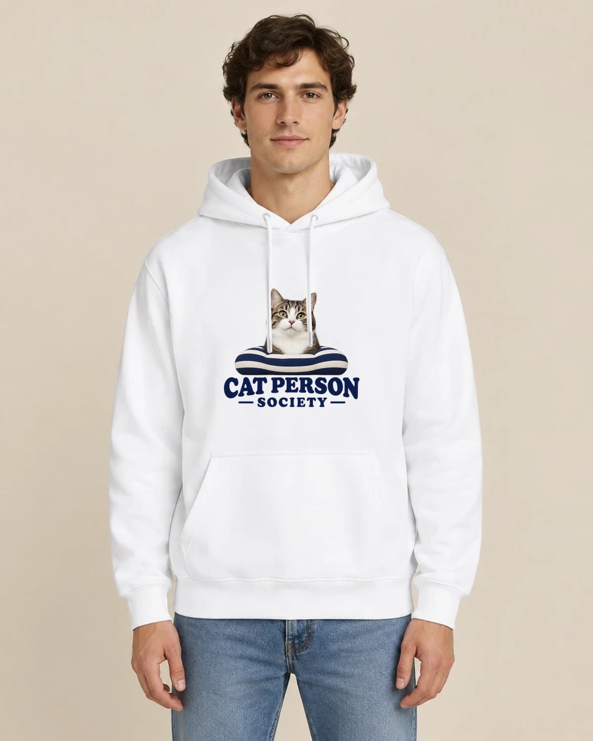 Cat Person Society, men's styling of the same unisex hoodie