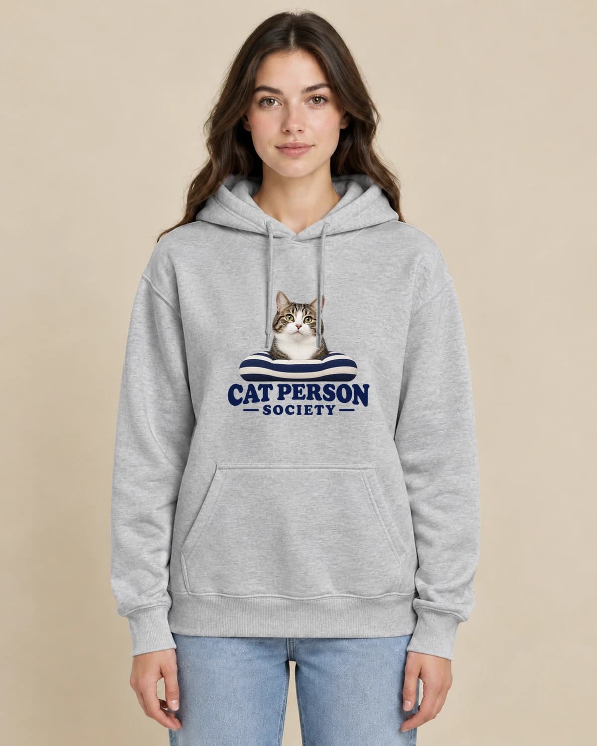 Cat Person Society on a woman wearing the classic unisex pullover; illustrative styling