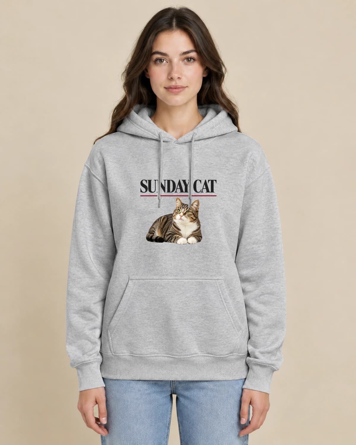 Feline Sunday Paper on a woman wearing the classic unisex pullover; illustrative styling