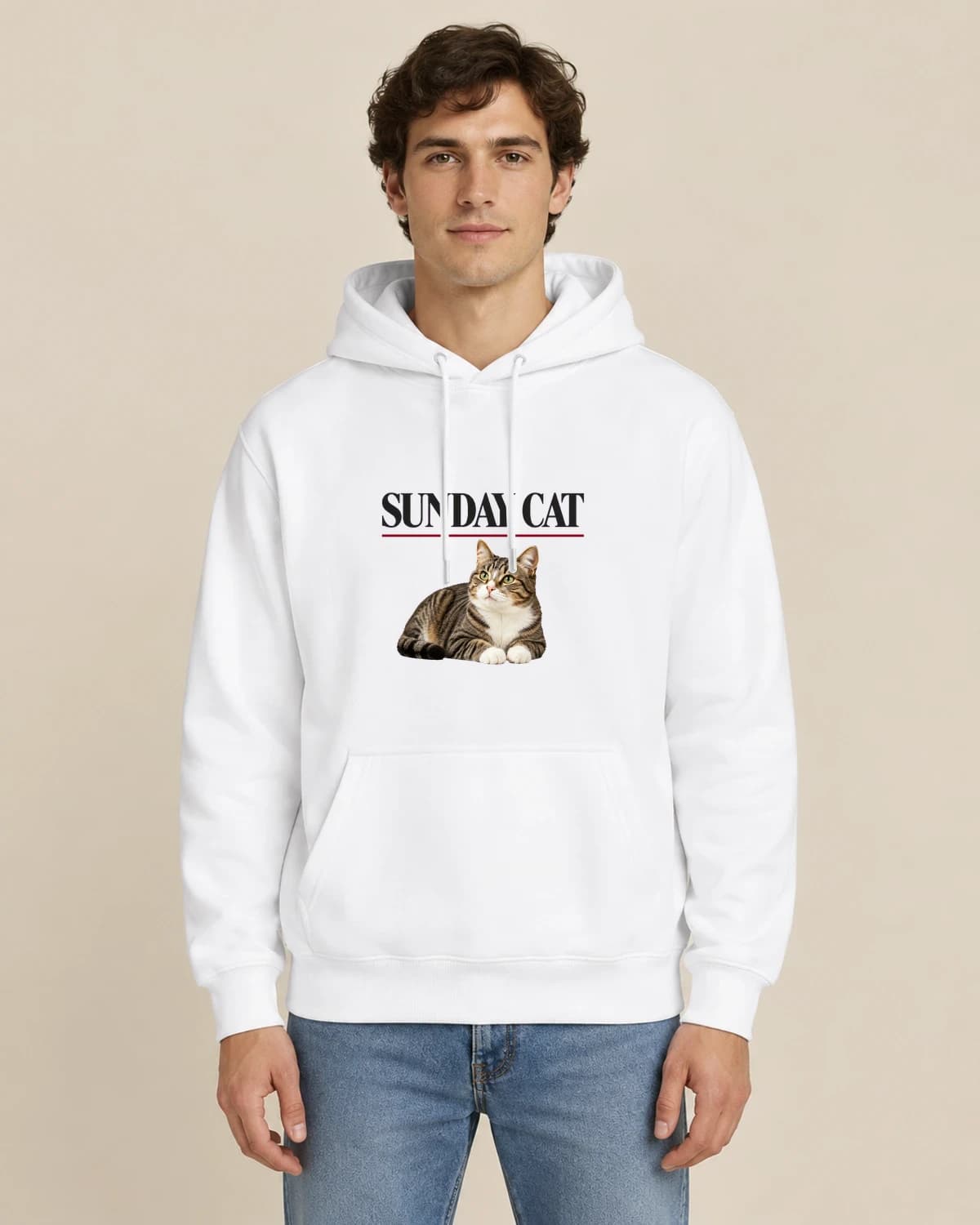 Feline Sunday Paper, men's styling of the same unisex hoodie
