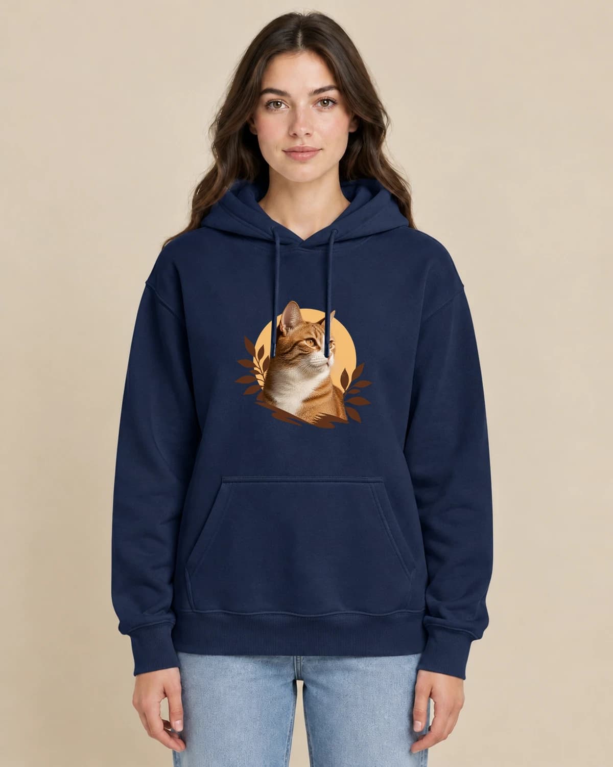 Sunbeam Cat Portrait on a woman wearing the classic unisex pullover; illustrative styling