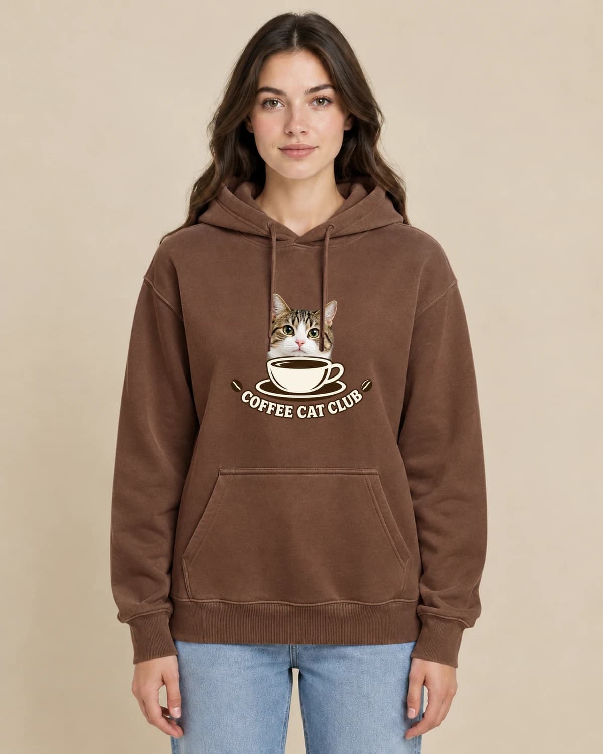 Cat Coffee Club on a woman wearing the classic unisex pullover; illustrative styling