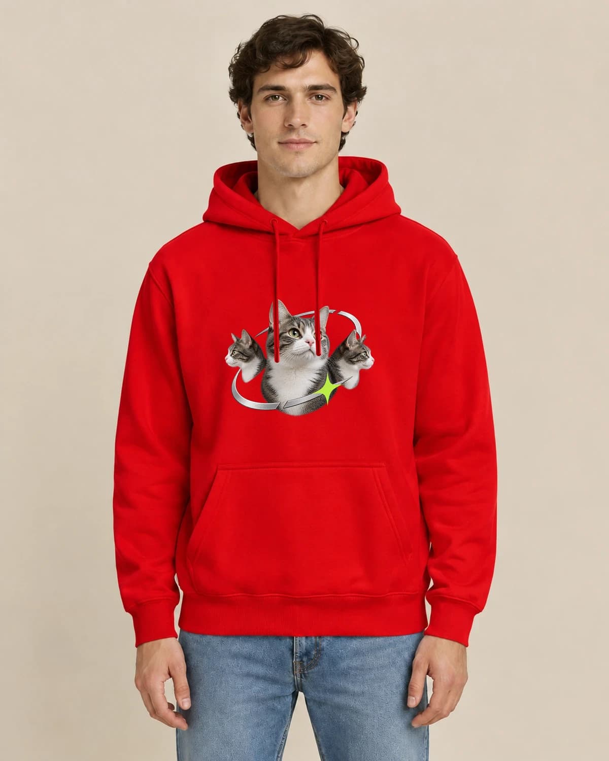 Silver Cat Orbit, men's styling of the same unisex hoodie