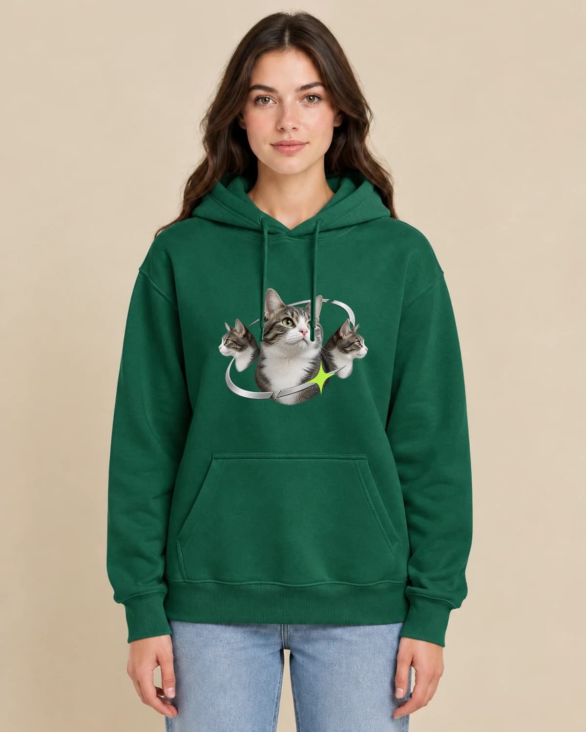 Silver Cat Orbit on a woman wearing the classic unisex pullover; illustrative styling