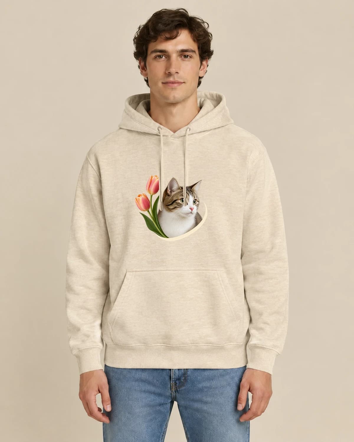 Tulip Cat Frame, men's styling of the same unisex hoodie