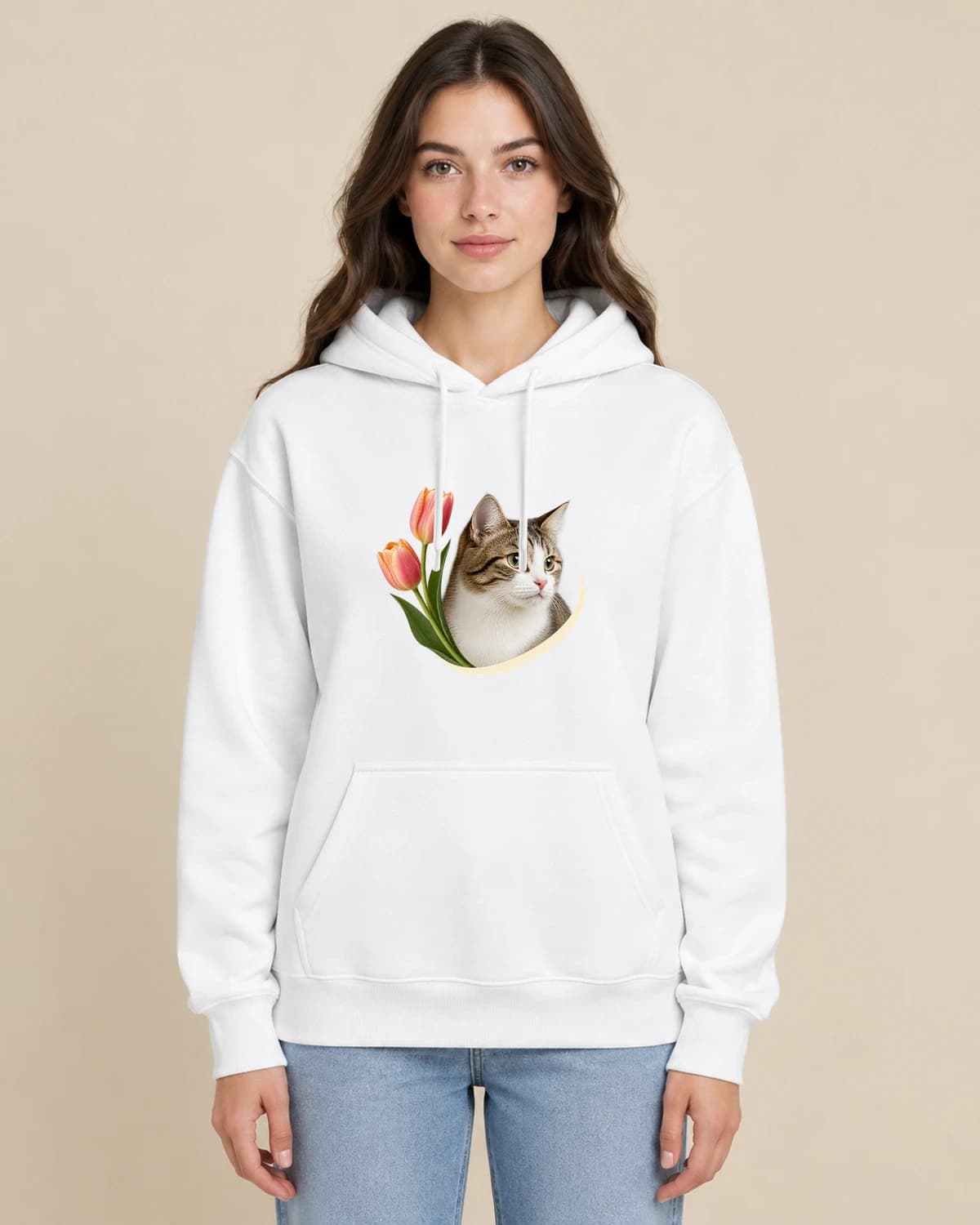 Tulip Cat Frame on a woman wearing the classic unisex pullover; illustrative styling