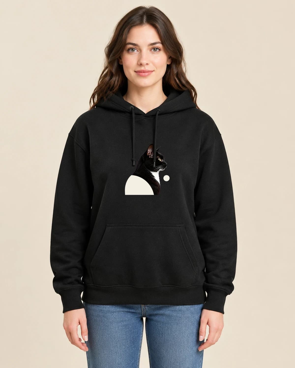 Cat Silhouette Journal on a woman wearing the classic unisex pullover; illustrative styling