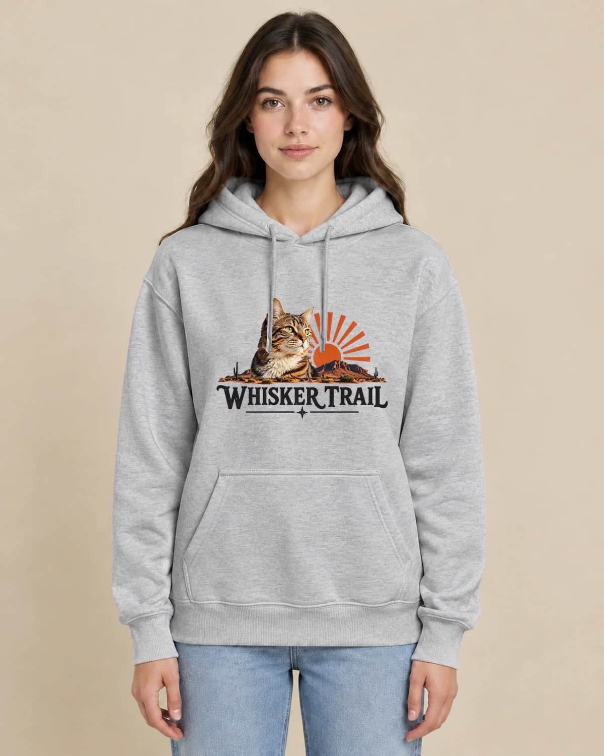 Whisker Trail Supply on a woman wearing the classic unisex pullover; illustrative styling