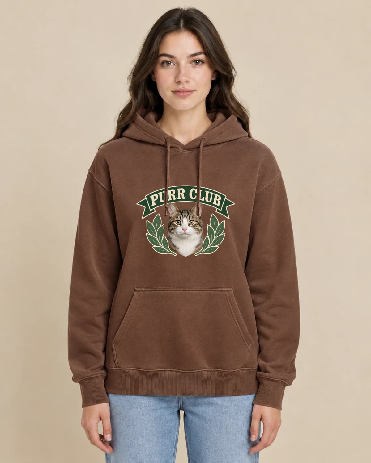 Purr Club Pennant on a woman wearing the classic unisex pullover; illustrative styling