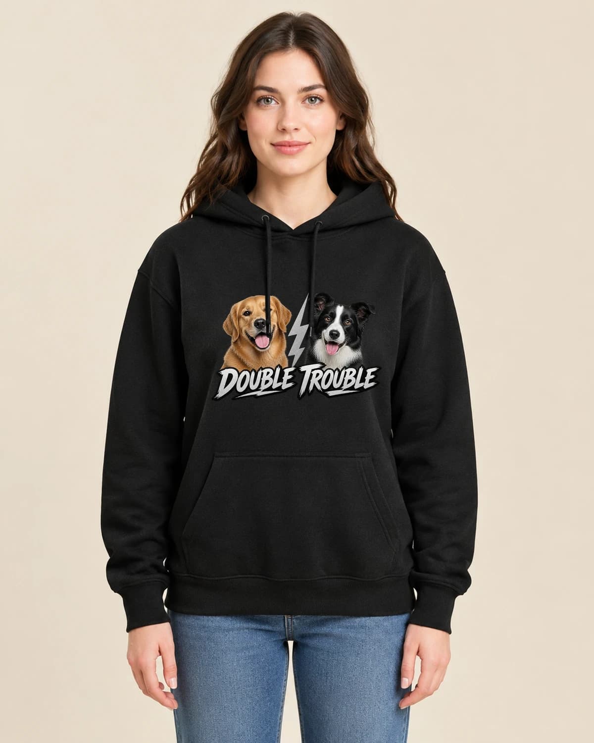 Two Dog Tour on a woman wearing the classic unisex pullover; illustrative styling