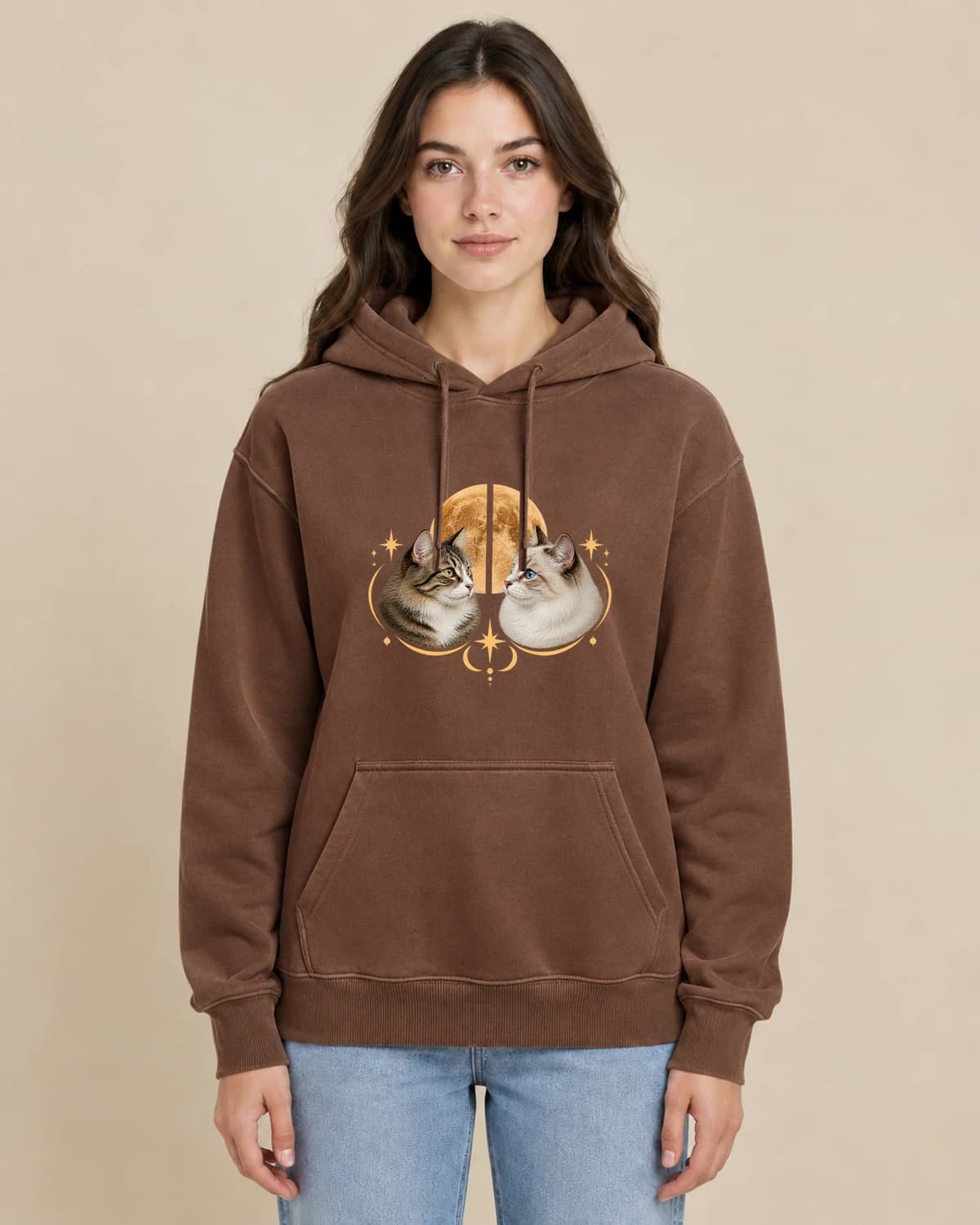 Twin Cat Moon on a woman wearing the classic unisex pullover; illustrative styling