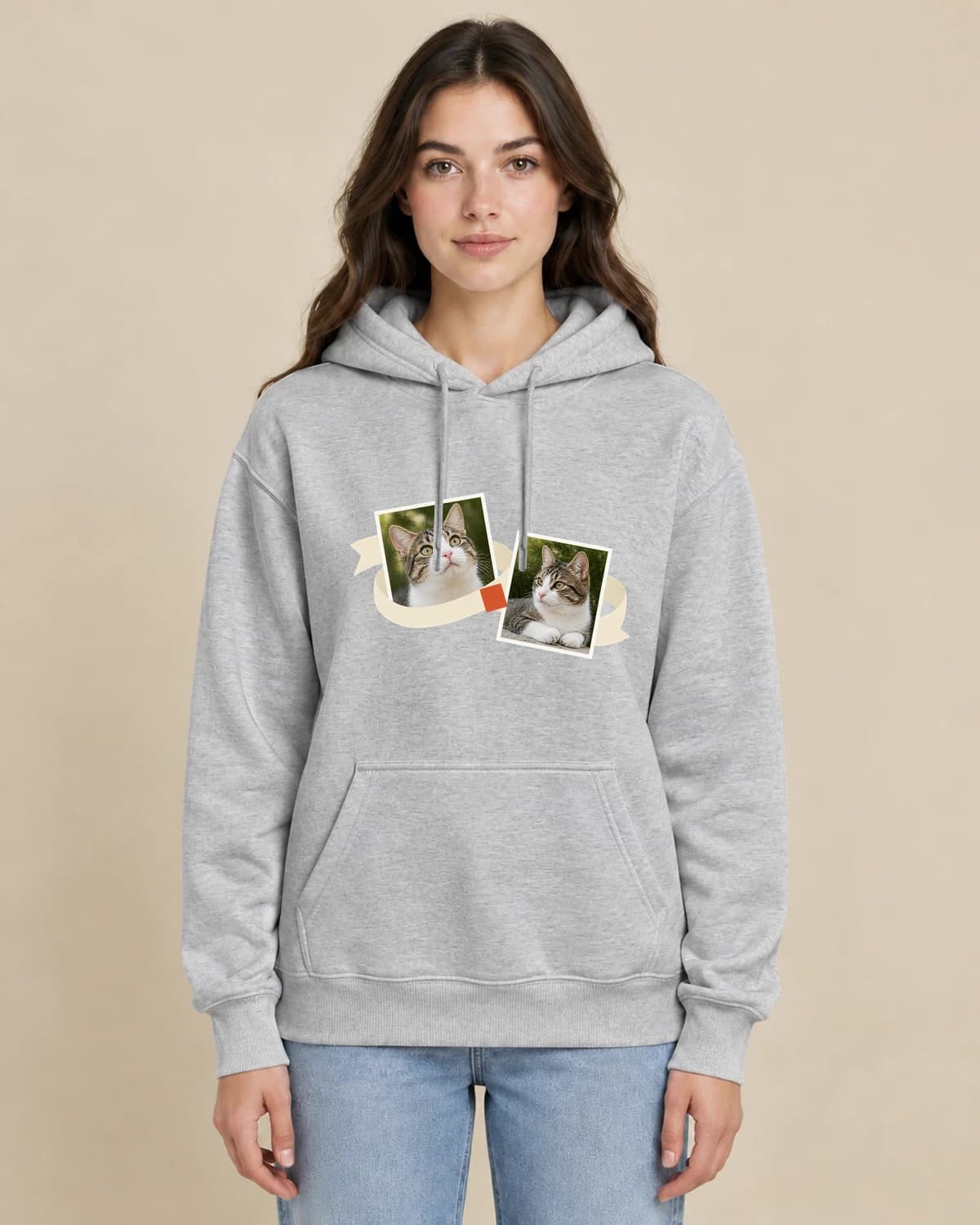 Cat Photo Ribbon on a woman wearing the classic unisex pullover; illustrative styling