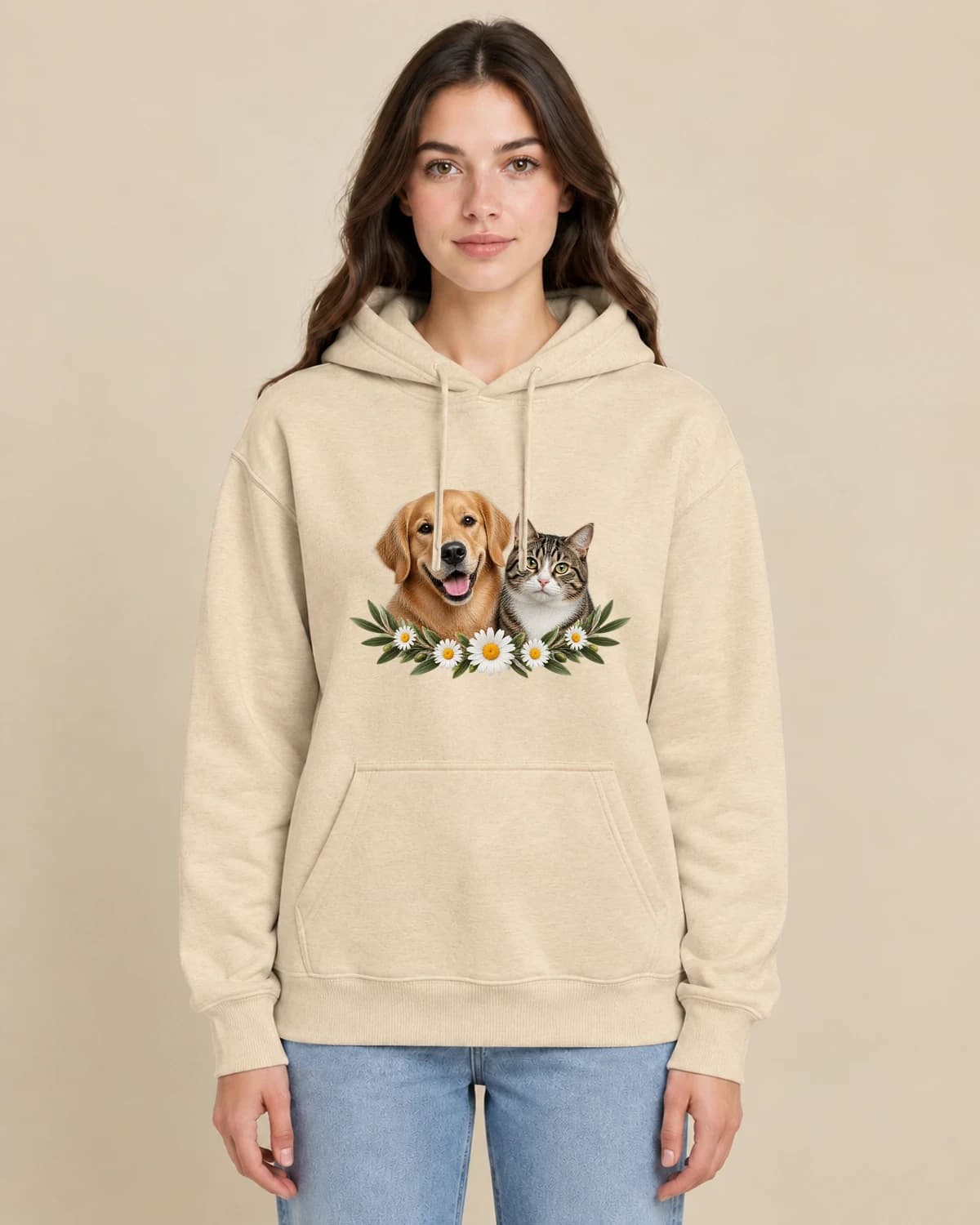 Two Pet Wildflowers on a woman wearing the classic unisex pullover; illustrative styling