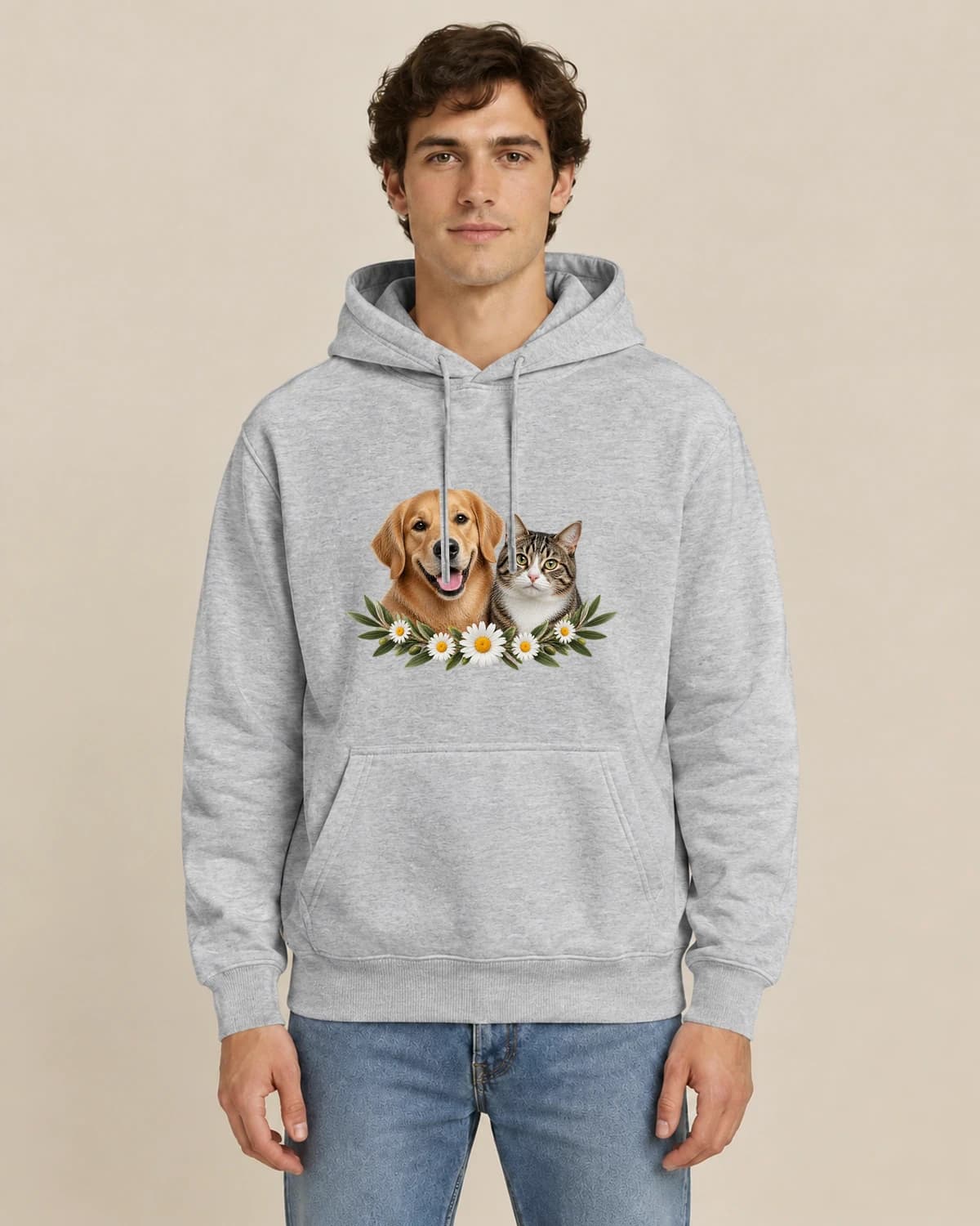 Two Pet Wildflowers, men's styling of the same unisex hoodie