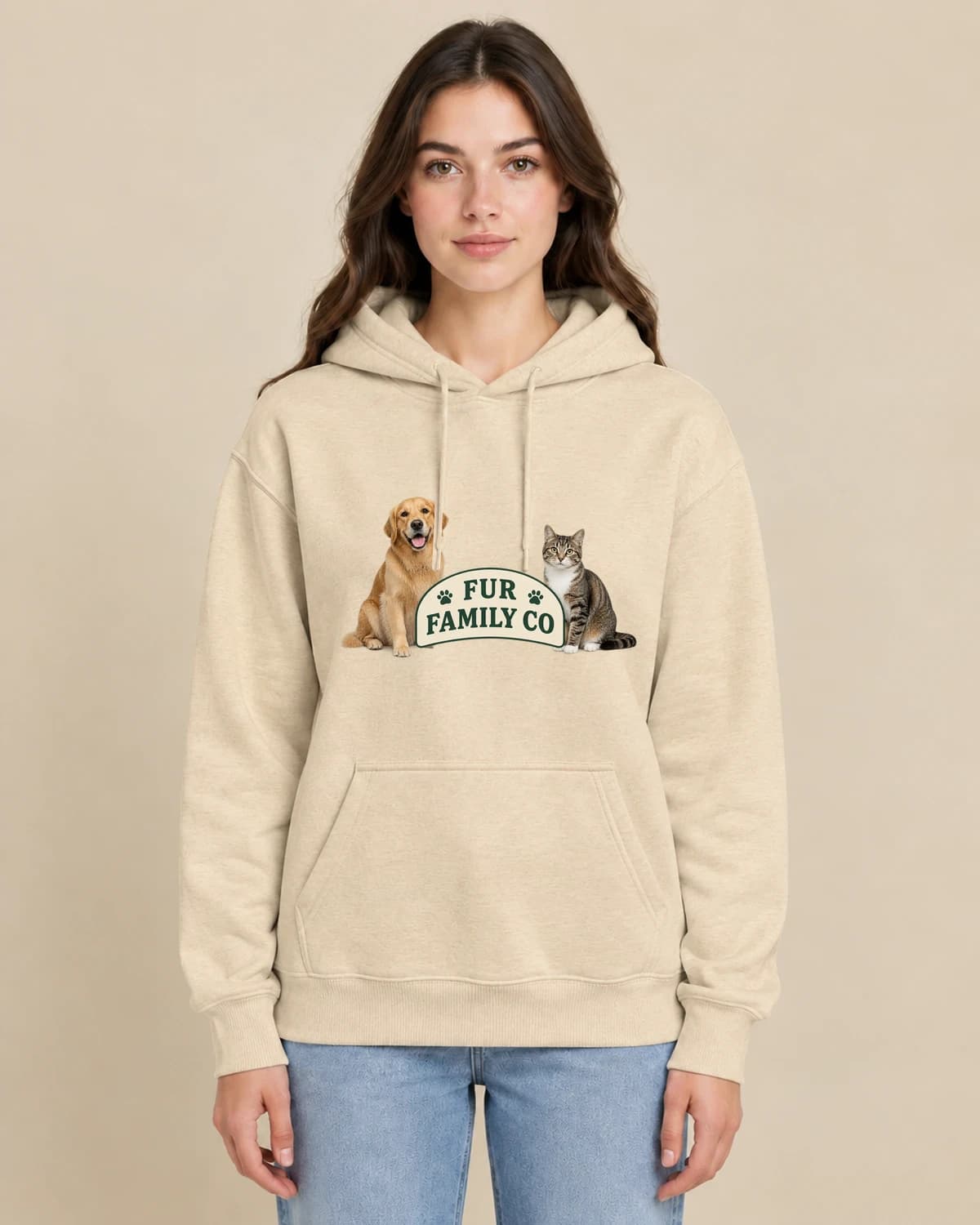 Dog And Cat Co on a woman wearing the classic unisex pullover; illustrative styling