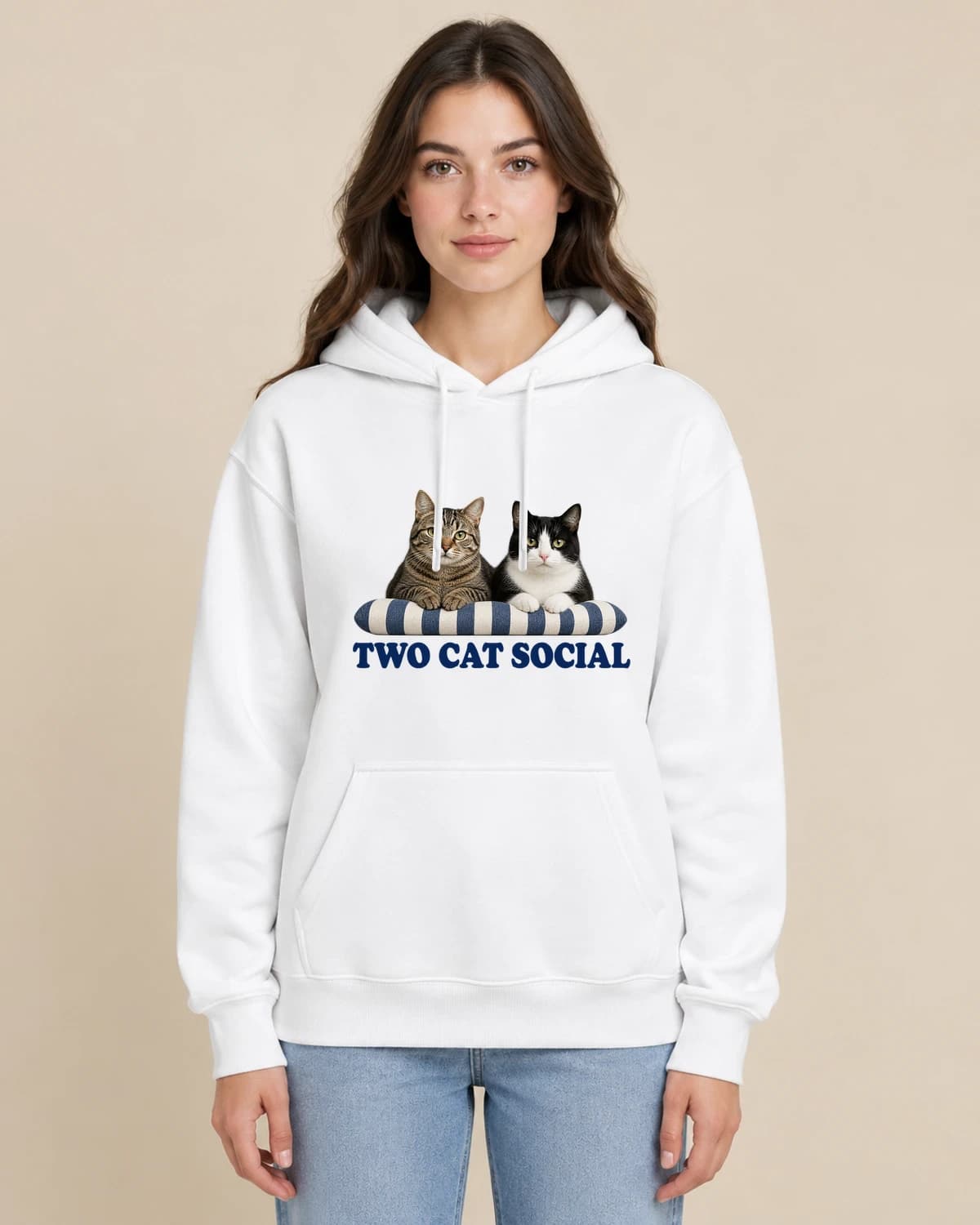 Two Cat Social on a woman wearing the classic unisex pullover; illustrative styling