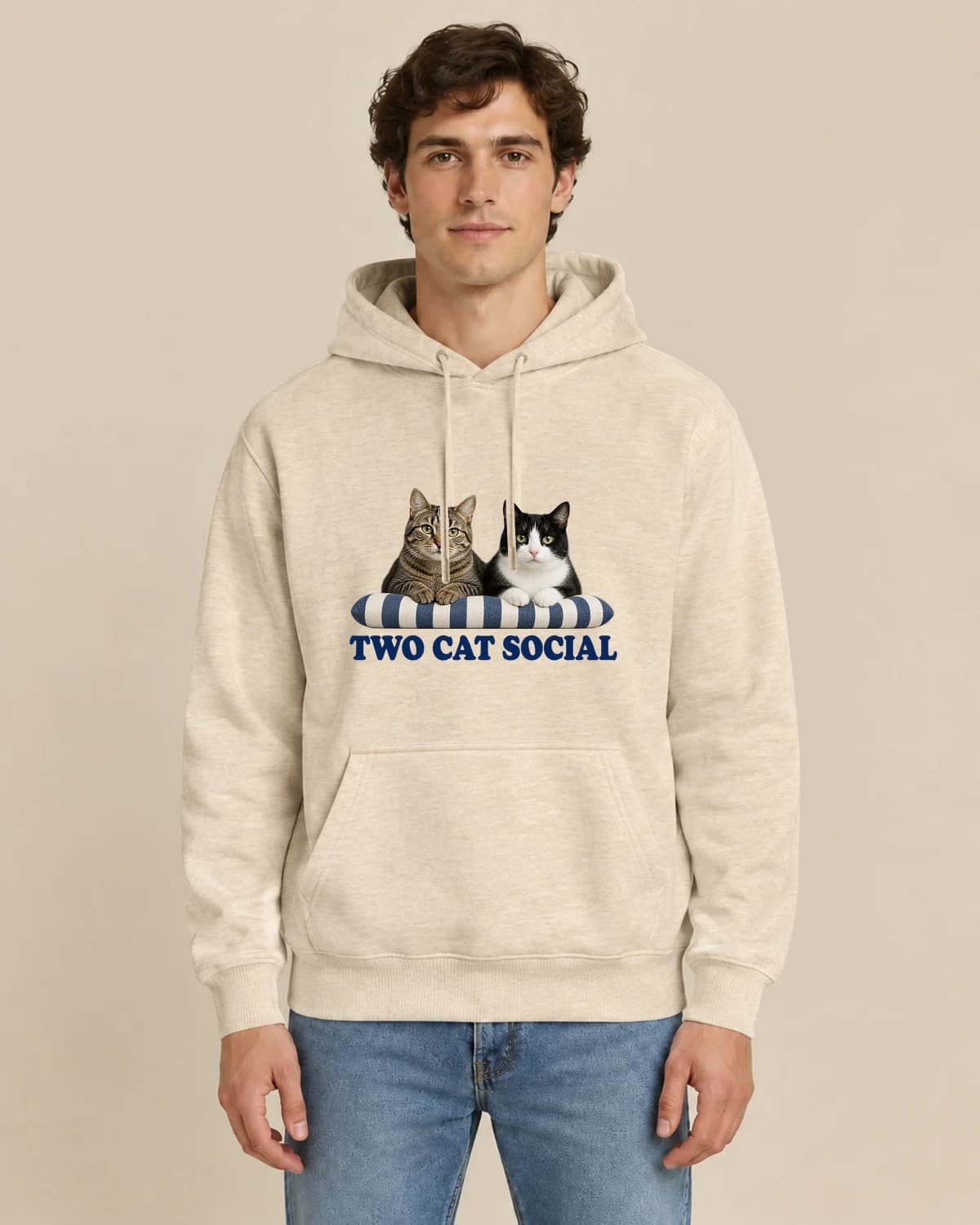 Two Cat Social, men's styling of the same unisex hoodie