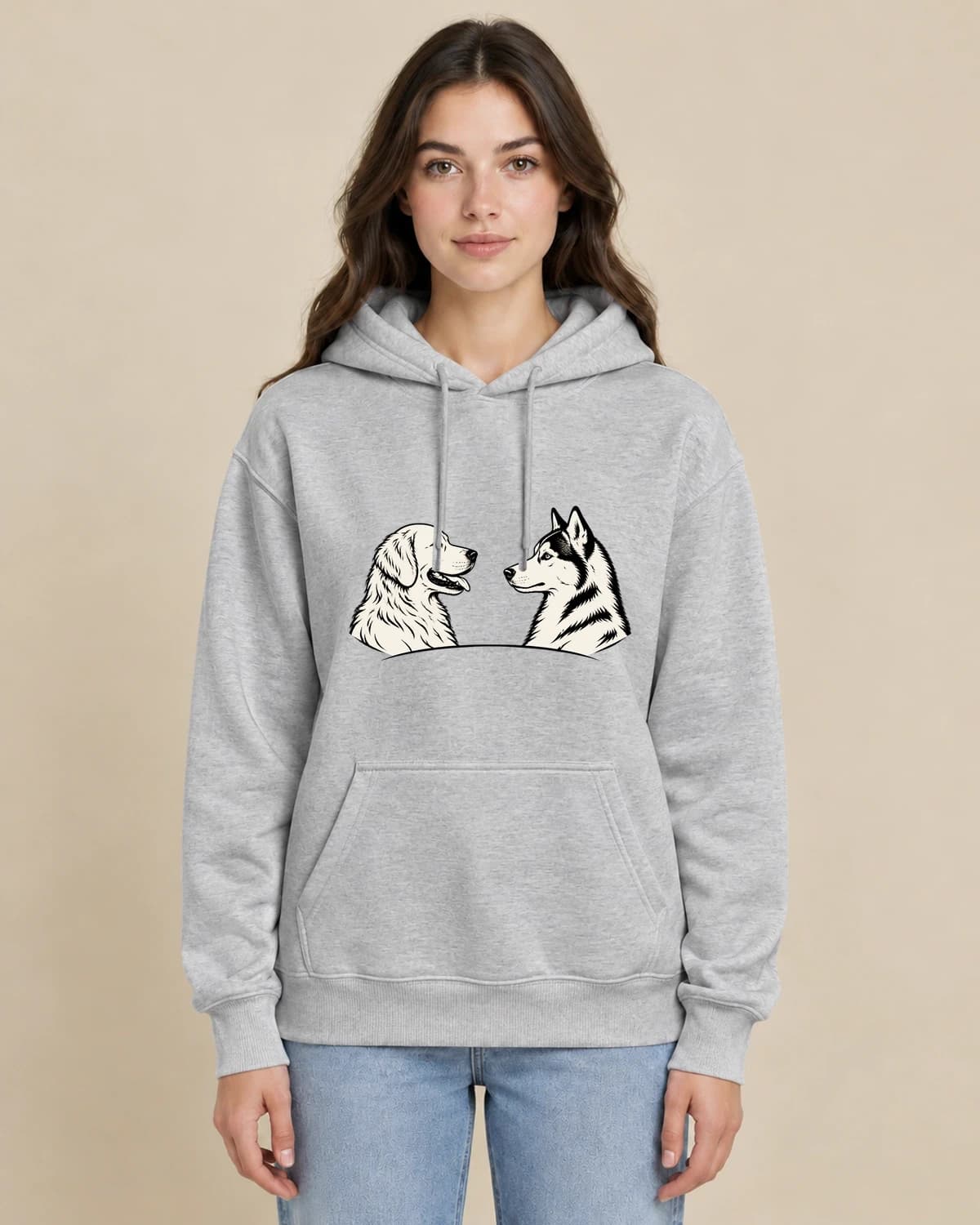 Two Dog Contours on a woman wearing the classic unisex pullover; illustrative styling