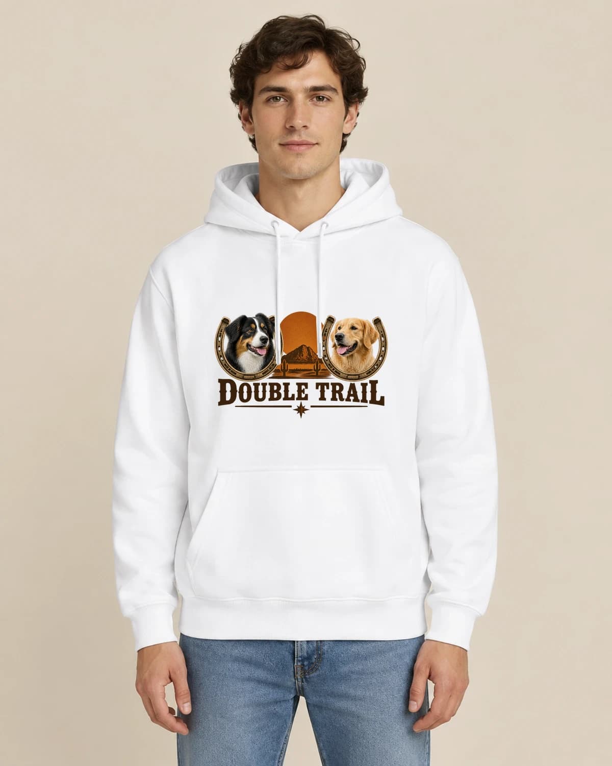 Desert Dog Duo, men's styling of the same unisex hoodie
