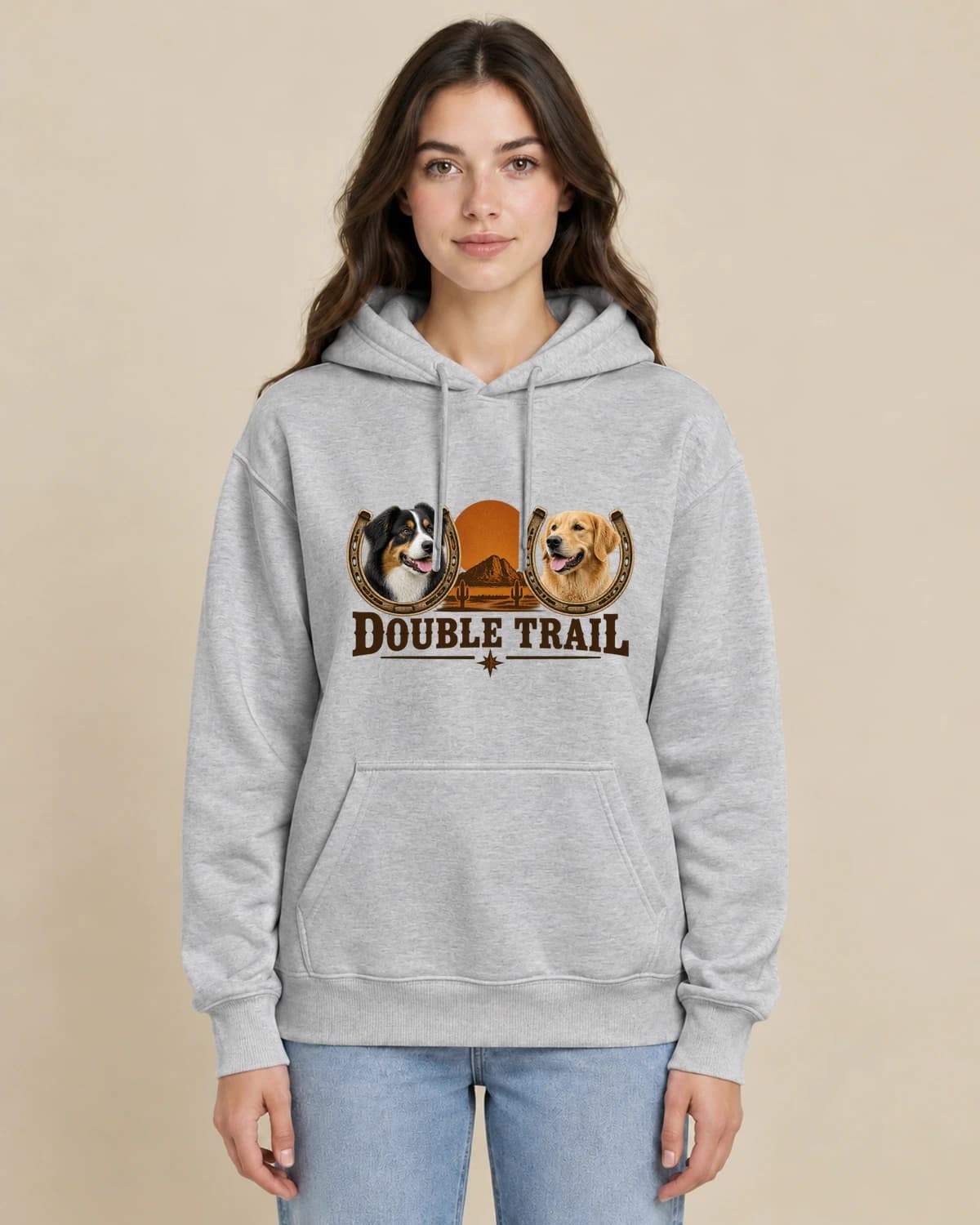 Desert Dog Duo on a woman wearing the classic unisex pullover; illustrative styling
