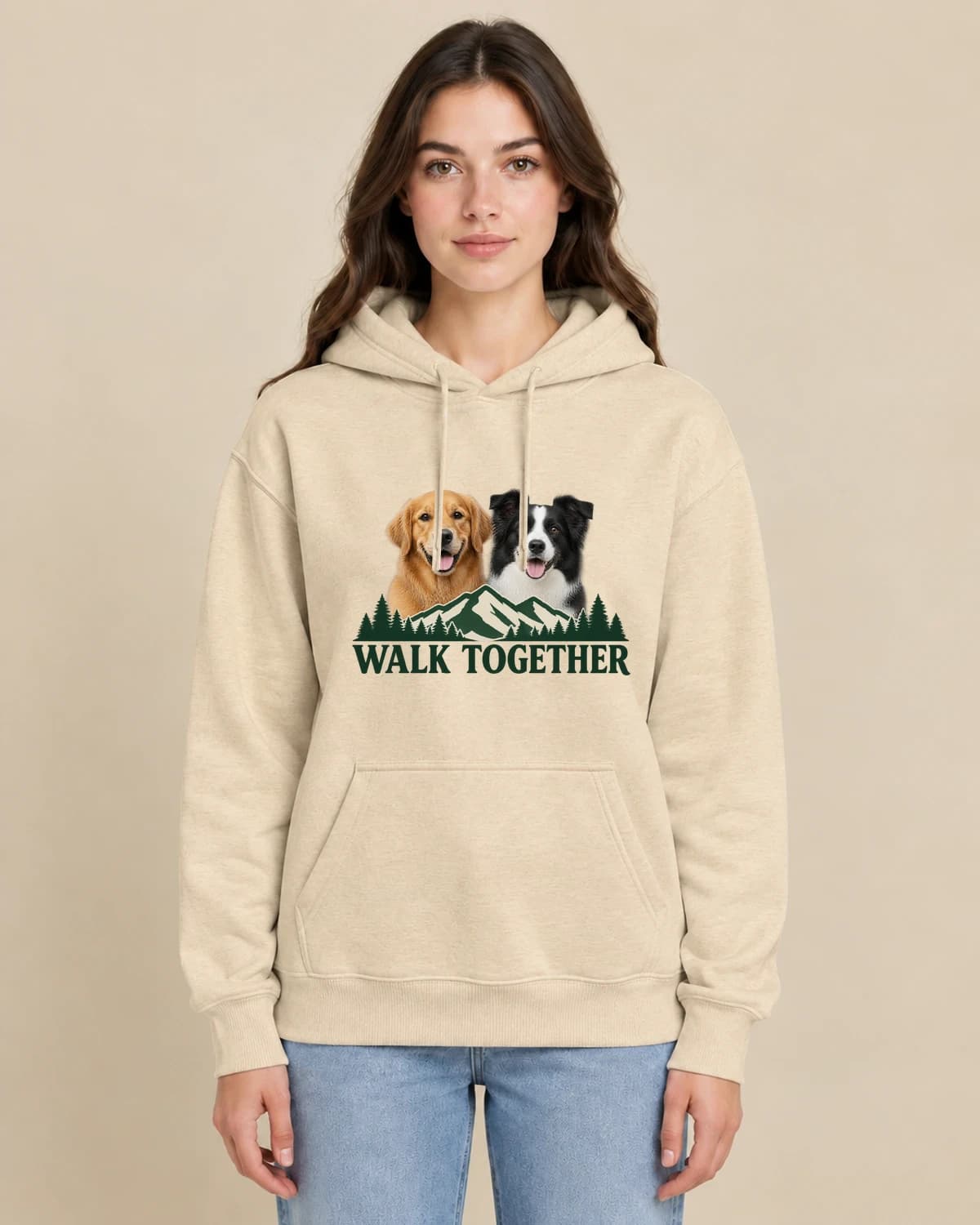 Two Dog Field Club on a woman wearing the classic unisex pullover; illustrative styling